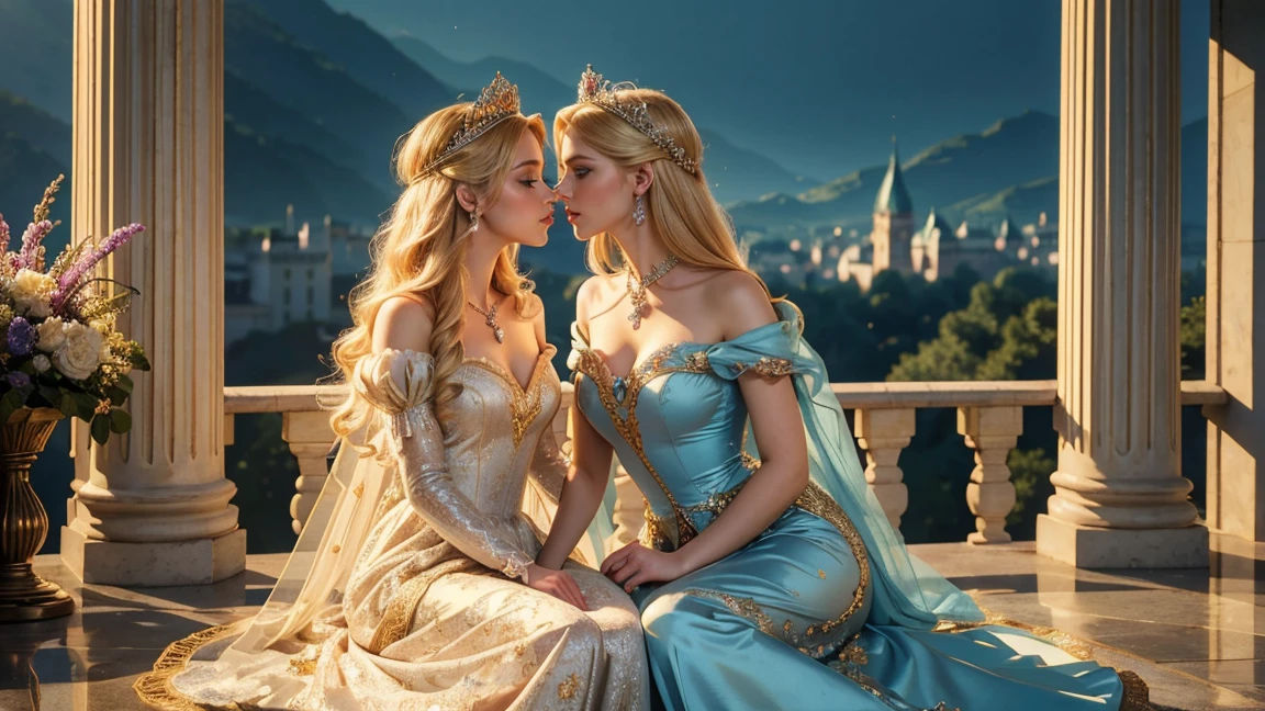 (masterpiece, best quality:1.5), highest quality, High resolution, Super detailed, realistic, Full body shot of blonde princess, detailed and beautiful eyes, beautiful detailed lips, highly detailed eyes and face, long eyelashes, princess in blue royal gown, Gorgeous and colorful makeup, Elegant and classy々pose,shining crown and jewels, Royal gardens as background, soft natural light, Bright colors, fine brush strokes, portrait style, Exquisite details in the dress material, gorgeous color palette, glowing skin, Top-notch rendering that captures every detail, enchanting atmosphere, subtle shadows and highlights, (perfect anatomy:1.2), (two stunning princesses is deeply in love with each other:1.4), (kiss:1.2), (magnificent panorama view:1.2)