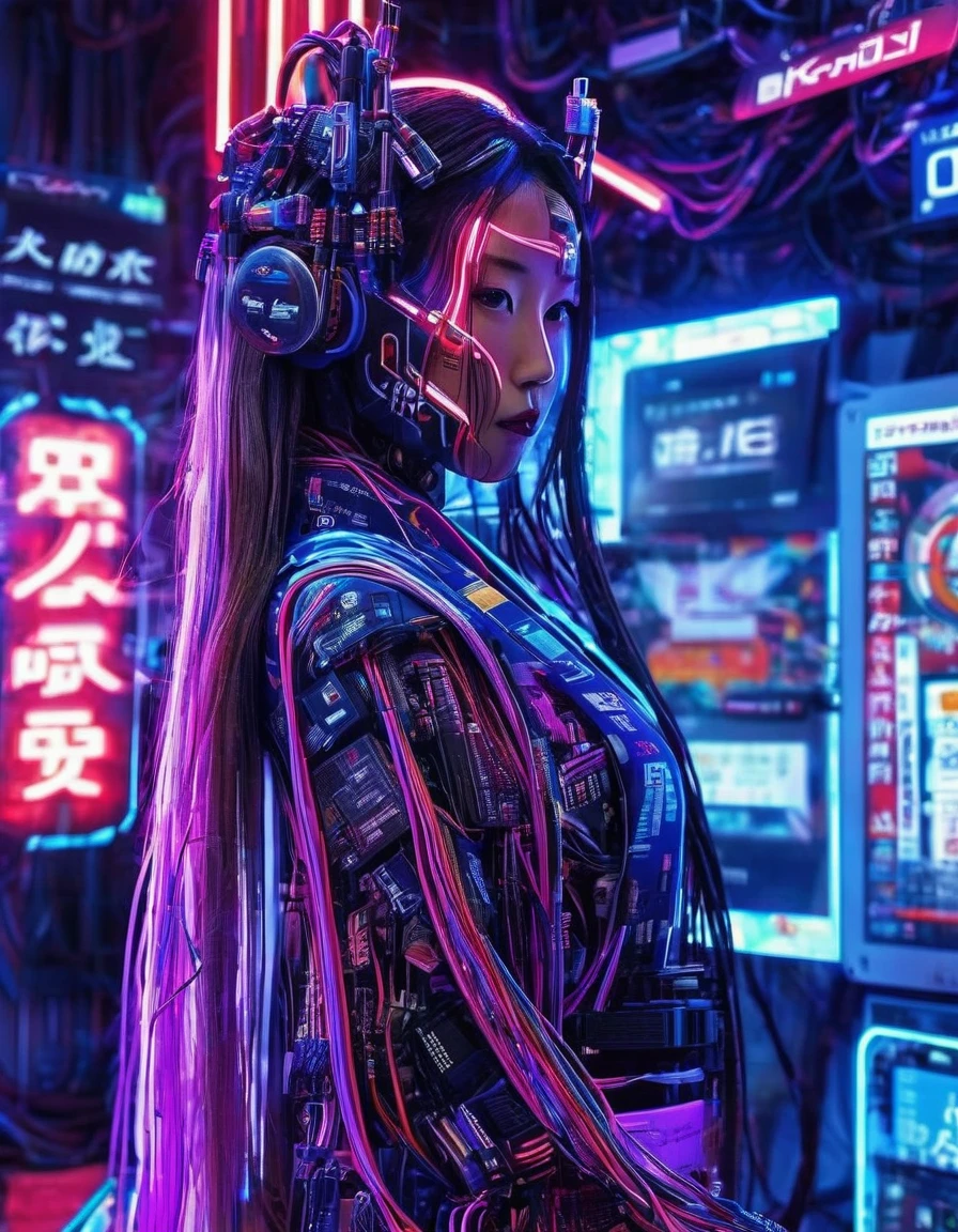 High technology, futuristic, cyborg girl, (photorealistic:1.4), long hair made of cables, robotic, lots of computer cables in the bacground, ultra high res, uhd, 8k, neon lights, japanese culture, kimono, jspanese demon