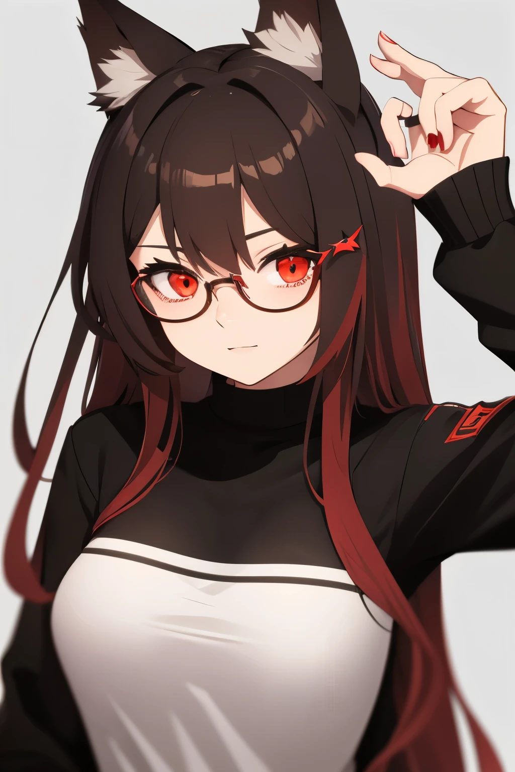 Female game character Red eyes, offwhite, bangs between eyes, fox ears, glasses Black outfit with long sleeves on the arm