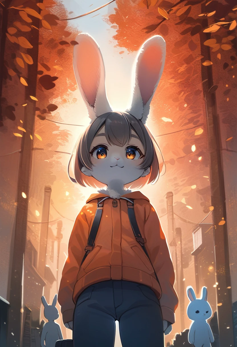 ((Masterpiece)), ((Best Quality)), (Very Detailed), ((Very Detailed)), 4K, (8K), very aesthetic, absurdres highres, 1 girl, (anthropomorphic Rabbit, furry, kemono:1.5), A digital painting of a low angle shot of a woman’s portrait during golden hour in an urban setting. Emphasize the natural beauty, cityscape, and silhouettes with a dramatic and romantic atmosphere. Use a strong contrast between warm colors (orange, red) and cool colors (blue, gray). Add texture to the leaves using digital brushes. Use diagonal lines to guide the viewer’s eye through the composition. Emphasize the backlighting effect to create dramatic silhouettes