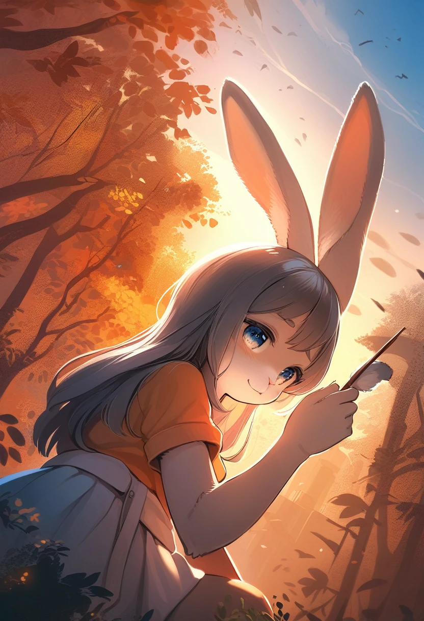 ((Masterpiece)), ((Best Quality)), (Very Detailed), ((Very Detailed)), 4K, (8K), very aesthetic, absurdres highres, 1 girl, (anthropomorphic Rabbit, furry, kemono:1.5), A digital painting of a low angle shot of a woman’s portrait during golden hour in an urban setting. Emphasize the natural beauty, cityscape, and silhouettes with a dramatic and romantic atmosphere. Use a strong contrast between warm colors (orange, red) and cool colors (blue, gray). Add texture to the leaves using digital brushes. Use diagonal lines to guide the viewer’s eye through the composition. Emphasize the backlighting effect to create dramatic silhouettes