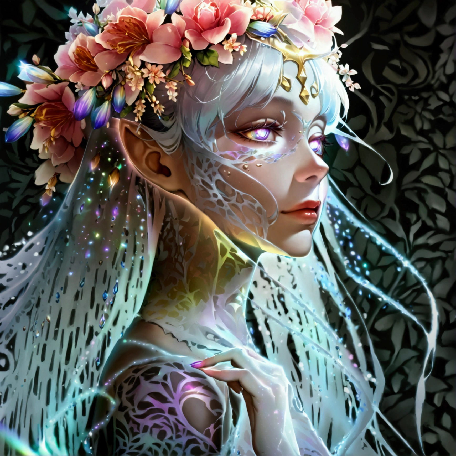 ethereal beauty, iridescent skin changing colors reflecting emotions, large almond-shaped eyes glowing deep blue with flecks of silver, long flowing translucent hair shifting colors, slender yet strong physique, graceful and fluid movements, delicate elfin features with high cheekbones, nose, full lips curving into a gentle smile, long nimble fingers glowing at the tips, wearing a flowing iridescent dress with shifting celestial patterns, studio lighting, neutral background, 8k resolution