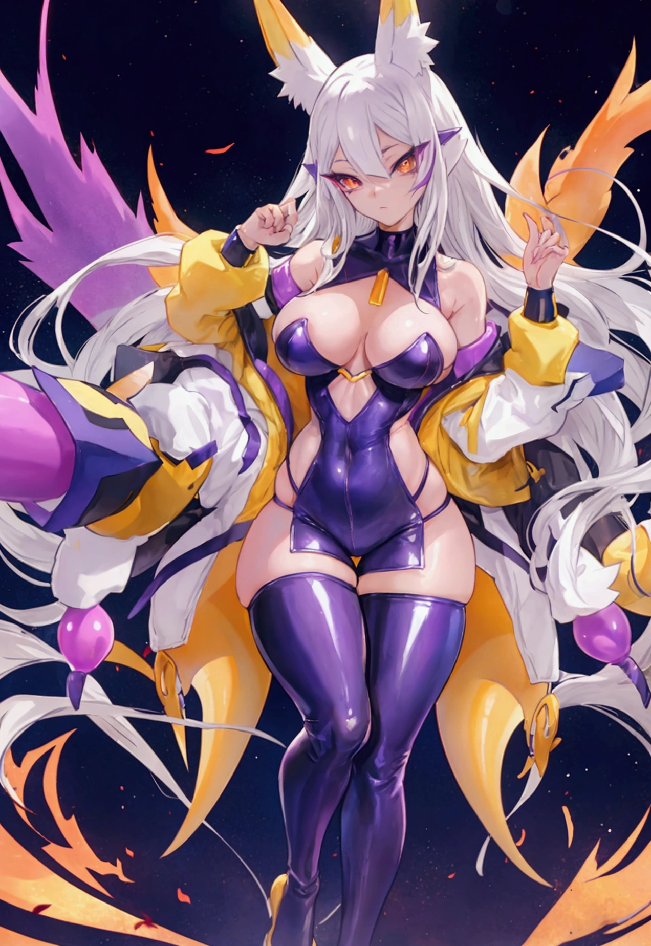 make me the character renamon from digimon but in a human version of this same one make him have details or characteristics of renamon like his ears and tail and also make a full body image make him have nice and firm breasts and a light skin tone too Make him a curvy, sexy body with medium thighs that are neither too big nor too small and white hair