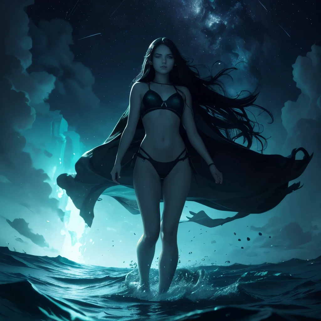 the depths and darkest part of the ocean, a tribut to the life on the depths and the death of the light, woman with 22 years old, blue long hair, floating at the surface of the ocean at night, beautiful face, emerald eyes, detailed perfect body, full body, phosphorescent skin, red glowing skin, at background there is a big storm wall, above the storm there are stars, luminescent, 8K, HD,