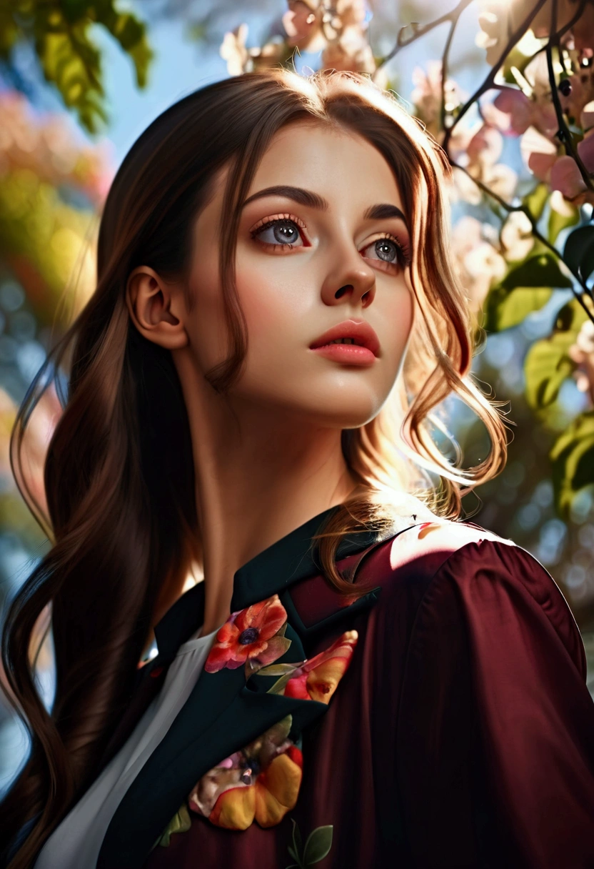 1girl, (Low Angle Shot:2), a beautiful girl in a garden, detailed face, detailed eyes, detailed lips, detailed nose, long eyelashes, elegant expression, flowing hair, (4k,8k,highres:1.2), ultra-detailed, natural lighting, warm color tones, impressionist style, cinematic lighting, masterpiece, best quality, very aesthetic, absurdres