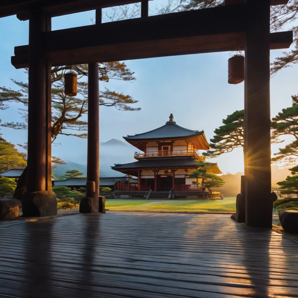 Otherworldly morning in Japanese temple in the 70s, Mysterious, calm feeling, good morning, ancient Japan, appearing from the darkness((best quality, 8K, masterpiece: 1.3)) ,