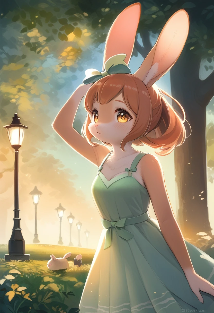 ((Masterpiece)), ((Best Quality)), (Very Detailed), ((Very Detailed)), 4K, (8K), very aesthetic, absurdres highres, 1 girl, (anthropomorphic Rabbit, furry, kemono:1.5), A digital painting of a low angle shot of a woman’s portrait during golden hour in a park. Emphasize the natural beauty, with trees and a meadow bathed in soft light. Use a strong contrast between warm colors (orange, red) and cool colors (green, blue). Add texture to the leaves using digital brushes. Use diagonal lines to guide the viewer’s eye through the composition. Emphasize the backlighting effect to create dramatic silhouettes. The woman’s hair and dress should be gently swaying in the wind, with a peaceful and romantic atmosphere. The park’s streetlights are just starting to turn on, adding a modern touch to the scene.