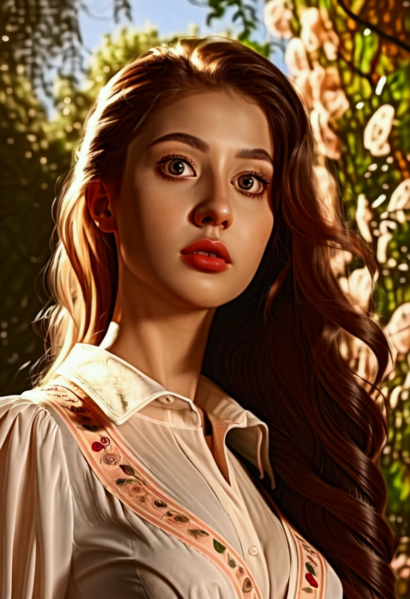 1girl, (Low Angle Shot:2), a beautiful girl in a garden, detailed face, detailed eyes, detailed lips, detailed nose, long eyelashes, elegant expression, flowing hair, (4k,8k,highres:1.2), ultra-detailed, natural lighting, warm color tones, impressionist style, cinematic lighting, masterpiece, best quality, very aesthetic, absurdres