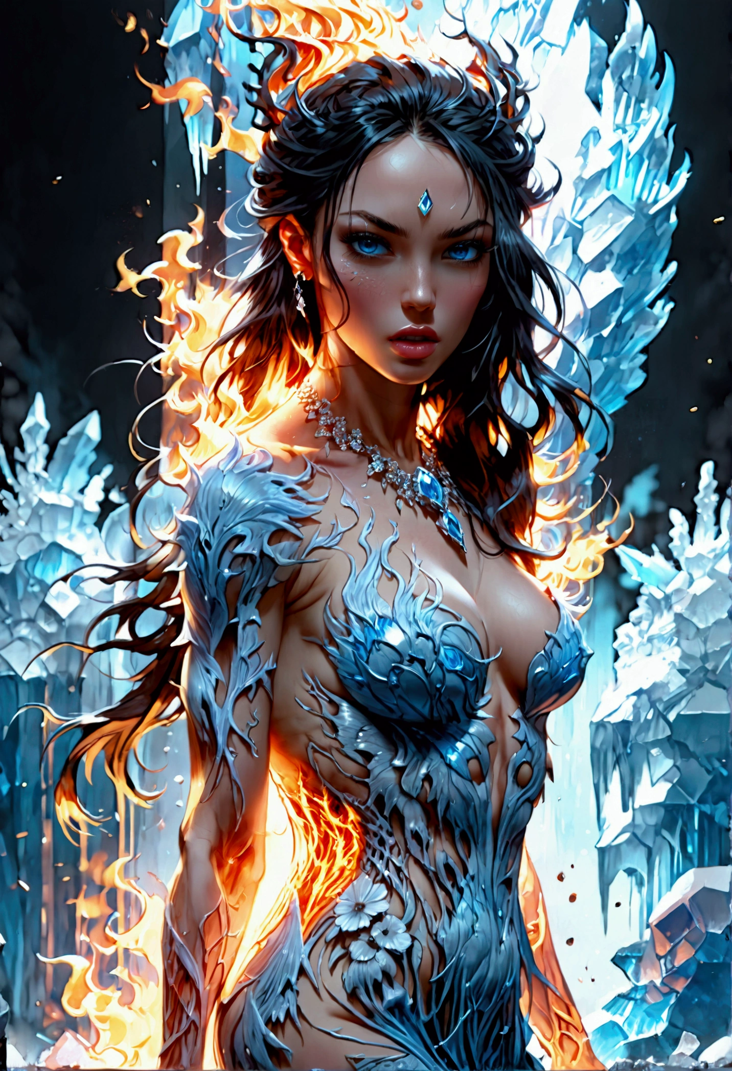 a glamour picture shot, of an elite model covered in fire walking on a icy catwalk, an extraordinary glamourous elite female model, ((full body: 1.5)),  ((anatomically correct: 1.5), (ultra detailed face: 1.2), best detailed face, black hair, long hair, lush hair, glam hair cut, blue eyes, delicate face, light make up, wearing intricate detailed dress, glamour dress, haute couture dress, elite fashion dress, dynamic color dress,  FireMagicAI,  small cleavage, busty wearing high heels, elegant high heels, she wears diamond necklace, she is covered in fire, she walks on an icy catwalk, image reflecting in the ice IceMagicAI, elite fashion show background, vibrant, Hyperrealism style, vibrant, Ultra-high resolution, High Contrast, (masterpiece:1.5), highest quality, Best aesthetics), best details, best quality, highres, ultra wide angle, 16k, [ultra detailed], masterpiece, best quality, (extremely detailed) RAW, FireMagicAI, IceMagicAI, faize, Dark Fantasy page