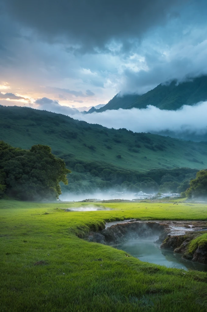 back ground grassland under the sea hot spring wonderland cloudy sky rain fog in the evening fantasy back ground
