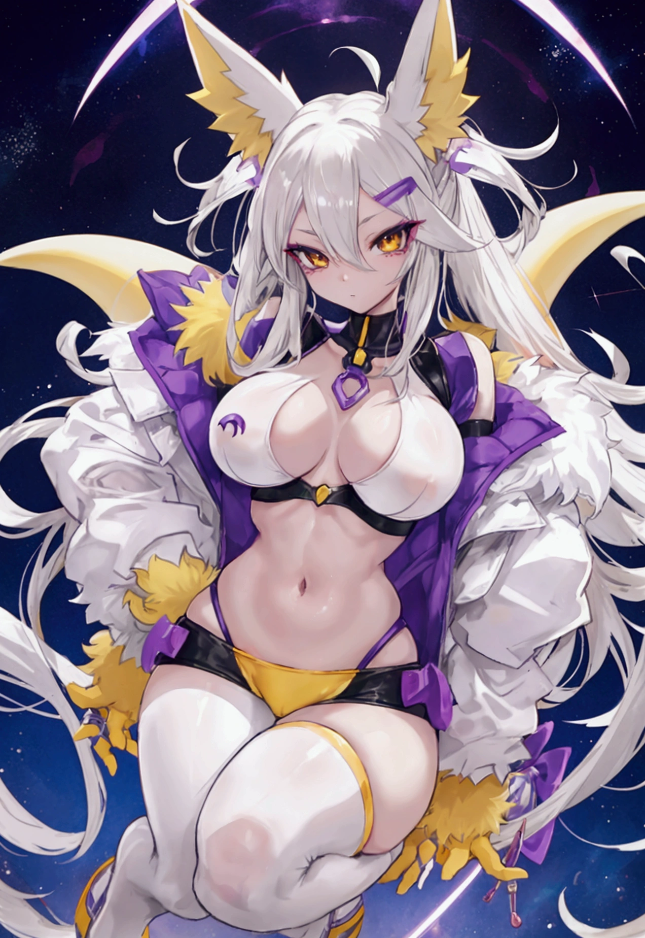 make me the character renamon from digimon but in a human version of this same one make him have details or characteristics of renamon like his ears and tail and also make a full body image make him have nice and firm breasts and a light skin tone too Make him a curvy, sexy body with medium thighs that are neither too big nor too small and white hair