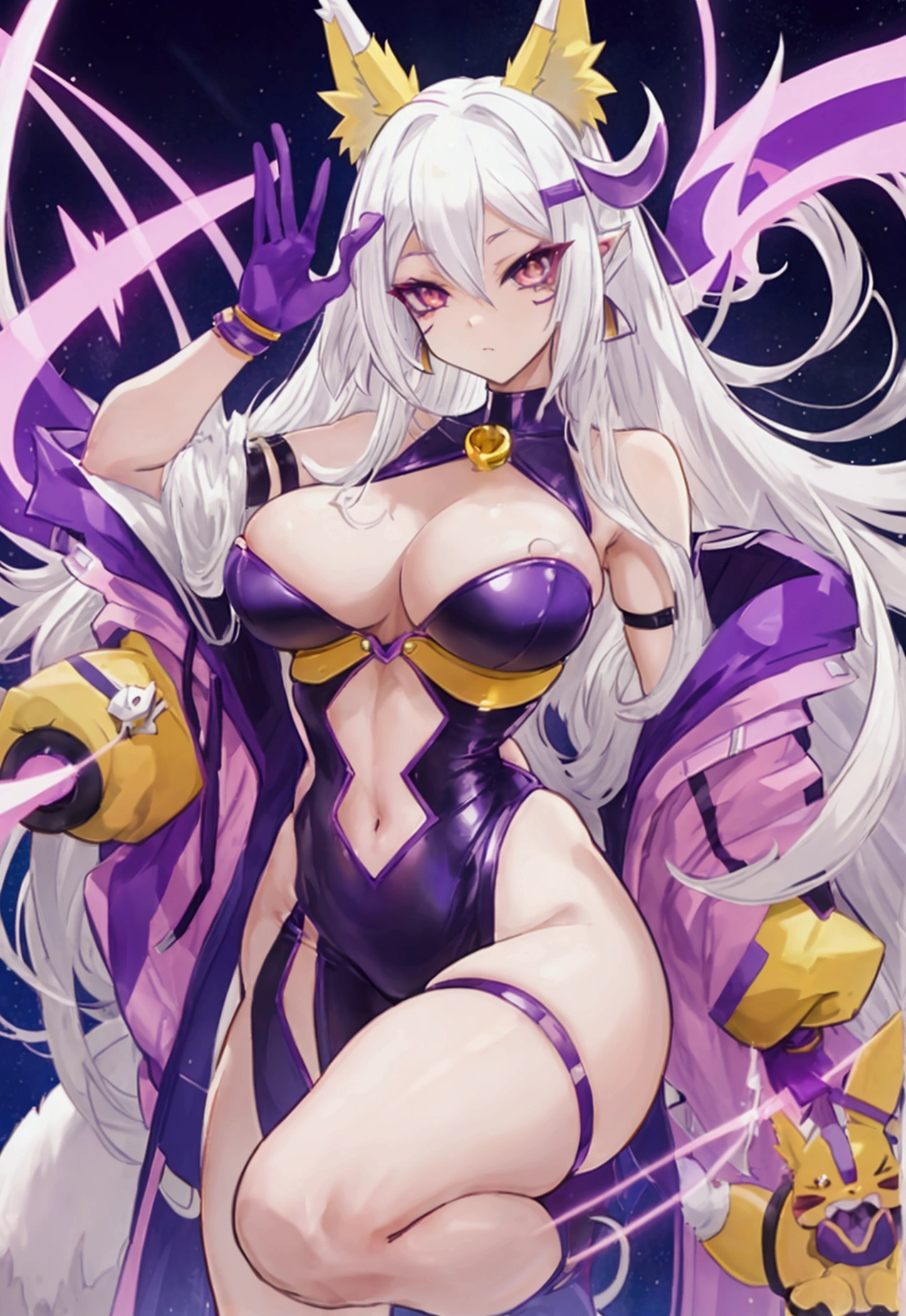 make me the character renamon from digimon but in a human version of this same one make him have details or characteristics of renamon like his ears and tail and also make a full body image make him have nice and firm breasts and a light skin tone too Make him a curvy, sexy body with medium thighs that are neither too big nor too small and white hair