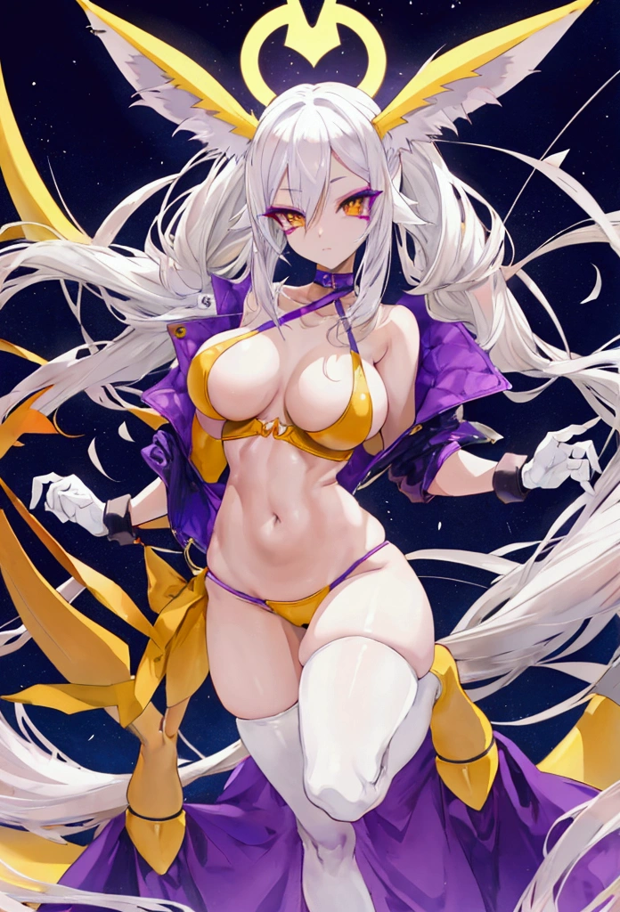 make me the character renamon from digimon but in a human version of this same one make him have details or characteristics of renamon like his ears and tail and also make a full body image make him have nice and firm breasts and a light skin tone too Make him a curvy, sexy body with medium thighs that are neither too big nor too small and white hair