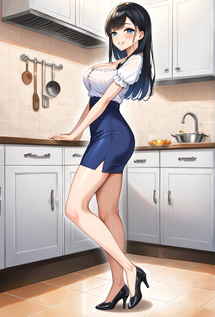 detailed illustration (side view),dynamic angle, ultra-detailed, illustration, pose for the camera, smiling at viewer, clean line art, shading, anime, detailed eyes, detailed face, beautiful face, (1 girl: 1.2), anime, full body, POV from below looking up at woman,
(tight button up white blouse:1.5), cleavage, (long full length blue skirt:1.5), half lidded eyes, 1950’s style kitchen, long black hair, (well endowed: 1.8), sexy wholesome, motherly, nurturing, MILF, thick, curvy,