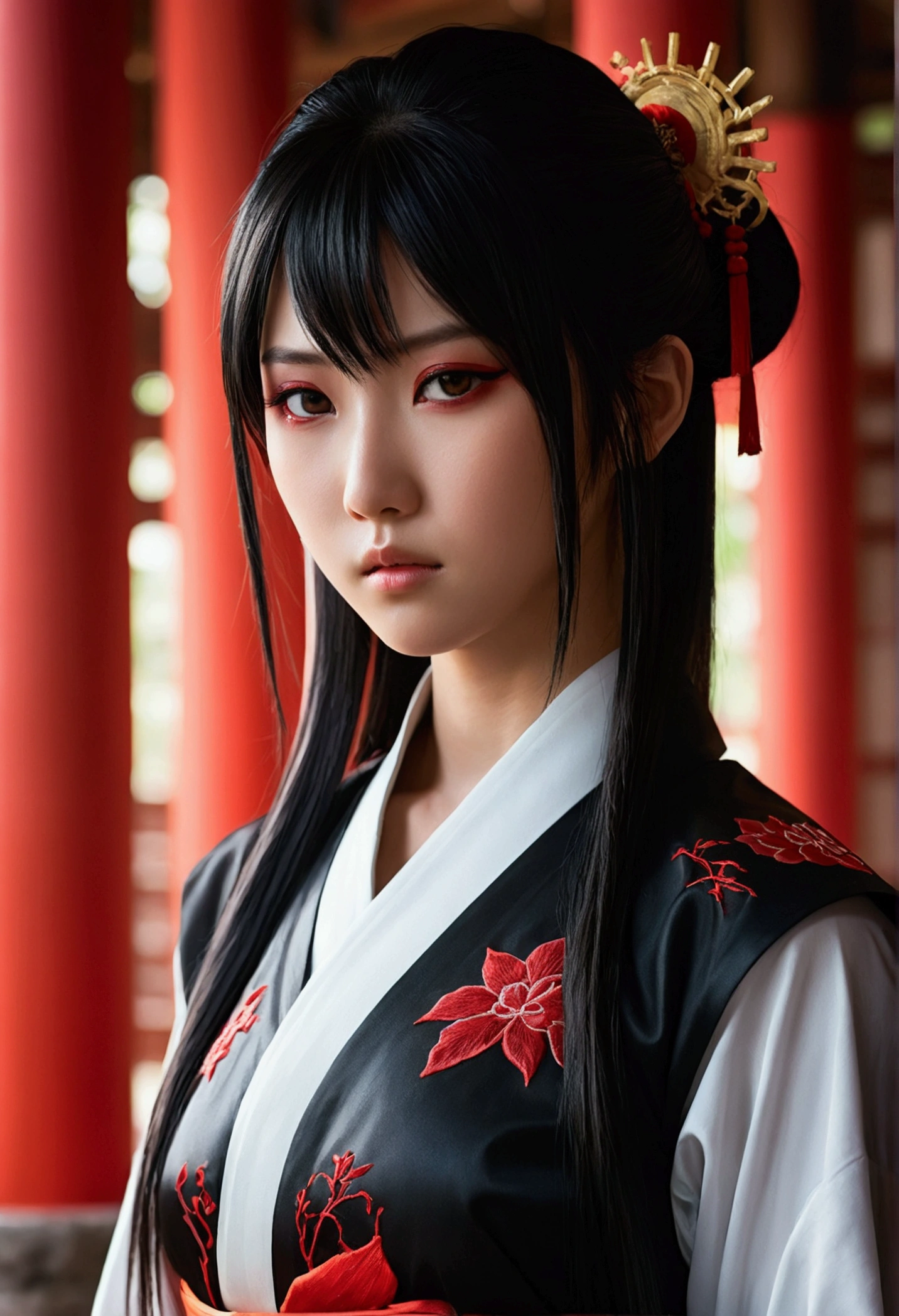 A captivating, semi-realistic anime-style illustration of a young Japanese girl standing with an arrogant defensive stance in a Chinese temple. Her long hair, with red highlights, cascades down her back and her white skin is accentuated by K-beauty makeup. She wears a shiny black satin cheongsam, close to the body and slightly open at the top, decorated with embroidered patterns and red thread stitching. The character design is inspired by Tite Kubo from the manga Bleach and Aya Yajima. The atmosphere is that of a dark fantasy, with cinematic elements, and the young girl gives off the air of a sleeping shinigami. The blurred landscape adds depth, while the backlight creates a dramatic atmosphere of intrigue and danger. The SLR's exceptional lighting and shadows accentuate the realistic features, while the cinematic close-up lighting highlights the intricate details of her elaborate makeup. Shot with Unreal Engine 5 and high speed photography, DSLR, Nikon D750, cinematic and impressive, cinematic, illustration, anime