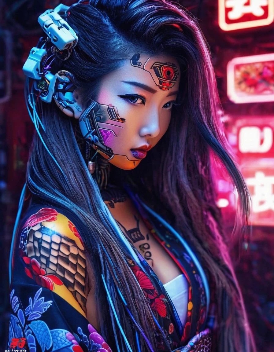 High technology, futuristic, cyborg girl, (photorealistic:1.4), long hair made of cables, robotic, lots of computer cables in the bacground, ultra high res, uhd, 8k, neon lights, japanese culture, kimono, jspanese demon

asianbeauty、8k、4K、real、Realism、reality、Ultra HD、Asian、beautiful girl、High Quality、Highvision、Hyperdetail、Tattoos on the face、Japanese Tattoo、Japanesetattoo