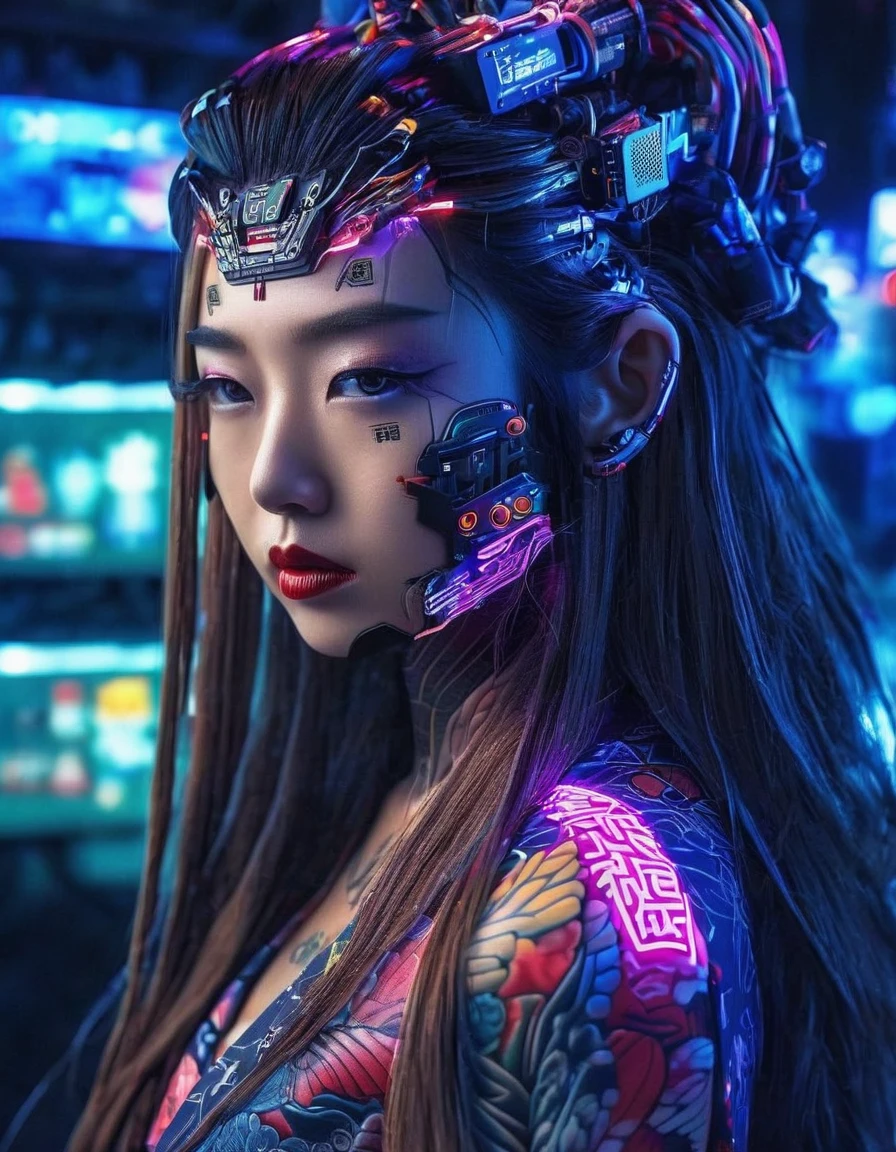 High technology, futuristic, cyborg girl, (photorealistic:1.4), long hair made of cables, robotic, lots of computer cables in the bacground, ultra high res, uhd, 8k, neon lights, japanese culture, kimono, jspanese demon

asianbeauty、8k、4K、real、Realism、reality、Ultra HD、Asian、beautiful girl、High Quality、Highvision、Hyperdetail、Tattoos on the face、Japanese Tattoo、Japanesetattoo