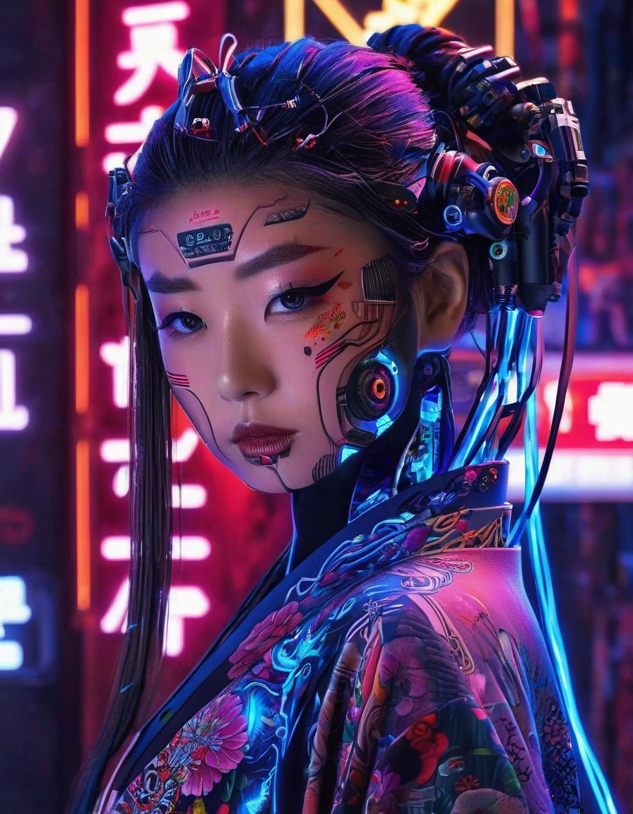 High technology, futuristic, cyborg girl, (photorealistic:1.4), long hair made of cables, robotic, lots of computer cables in the bacground, ultra high res, uhd, 8k, neon lights, japanese culture, kimono, jspanese demon

asianbeauty、8k、4K、real、Realism、reality、Ultra HD、Asian、beautiful girl、High Quality、Highvision、Hyperdetail、Tattoos on the face、Japanese Tattoo、Japanesetattoo