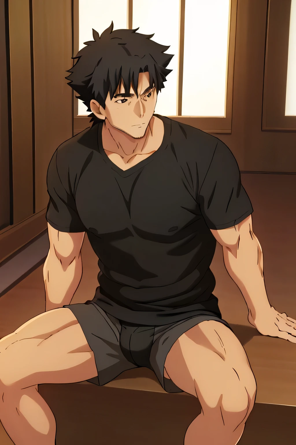 Kiritsugu is sitting and flexing his arms. He wears a black tshirt with short sleeves. His right sleeve is completely rolled up, so you can see his entire arm and shoulder. He wears black short boxershorts. You can see his thighs completely. He has a huge bulge. You can see his abs too. He is admiring his arms.