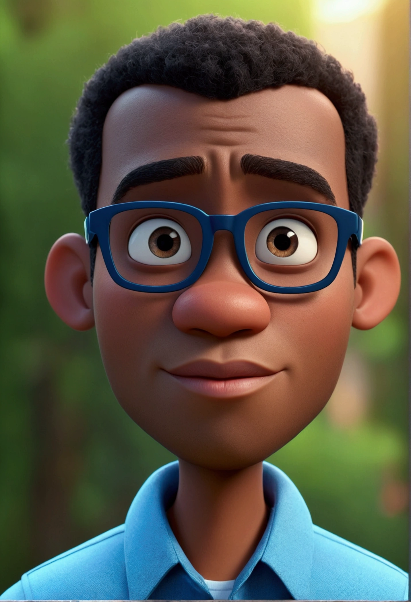 Cartoon character of a black man wearing black glasses and a blue shirt, an animated character, stylized character, animation style rendering, 3d stylized, Arnold Maya rendering, Stylized 3D rendering, toon render screenshot, 3d character, 3d character, Stylized 3D rendering, 3D character rendering, cartoon character, Personagem de close up, character posing, (Pixar-style) (master part:1. 2) (bokeh) (best qualityer) (skin detailed) (detailed texture) (8k) (Argilla) (cinematic lighting) (sharp focus,Sit down and lift your upper body