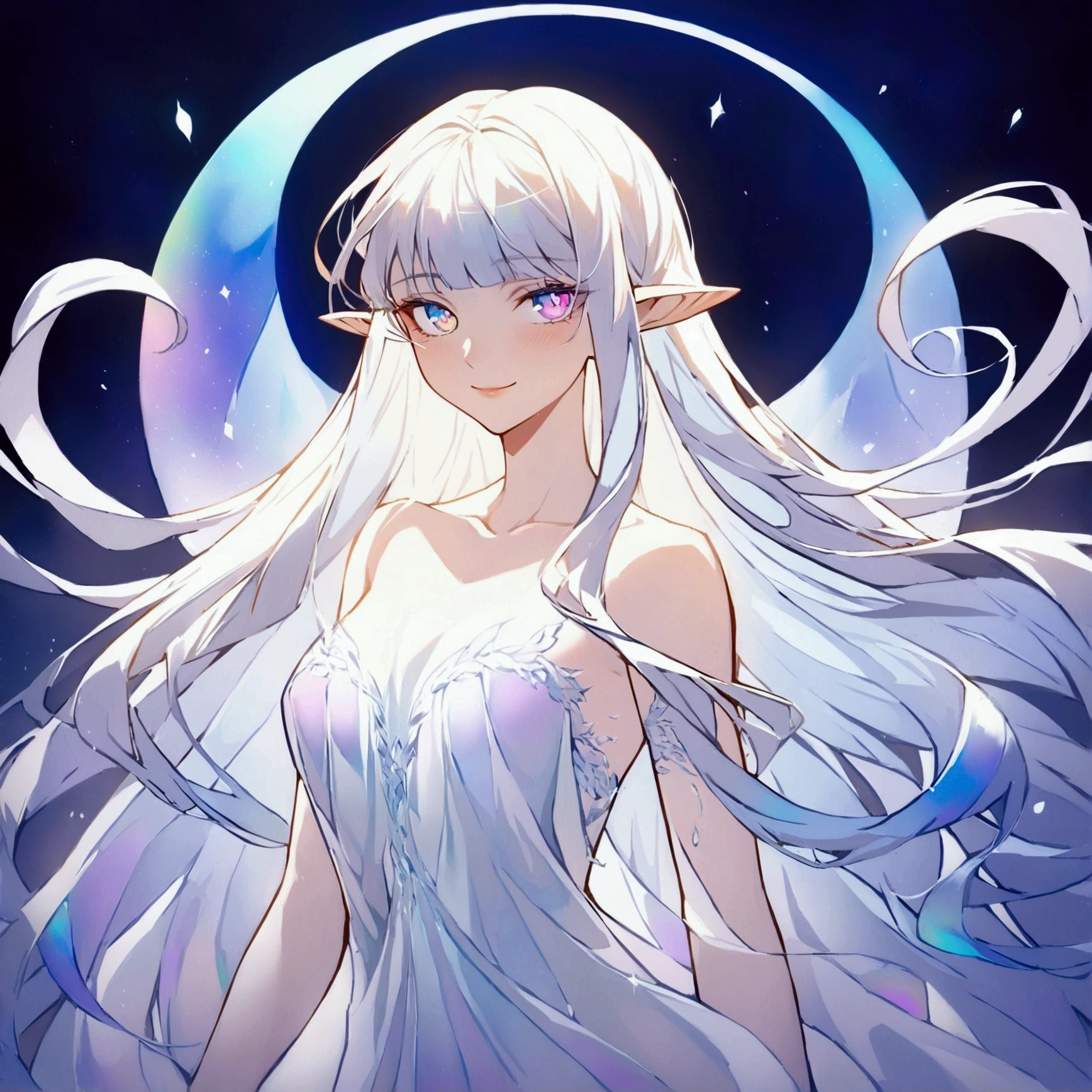 ethereal beauty, iridescent skin changing colors reflecting emotions, large almond-shaped eyes glowing deep blue with flecks of silver, long flowing translucent hair shifting colors, slender yet strong physique, graceful and fluid movements, delicate elfin features with high cheekbones, nose, full lips curving into a gentle smile, anime style