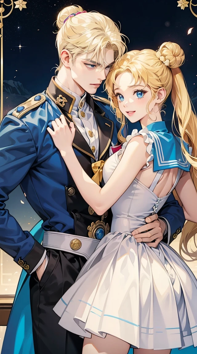 **images:** Incorporate an artistic illustration or high-quality photograph of a couple that represents your main characters, Darien Chiba and Serena Tsukino. The couple should exude passion, perhaps captured in an embrace or a suggestive pose. Darien Chiba, with his mysterious charm, blue eyes, short black hair should look powerful and handsome, while Serena Tsukino with blue eyes, blonde hair, long buns, buns, fair skin should look confident and attractive. looking at camera smiling, full fingers, The Sailor Moon