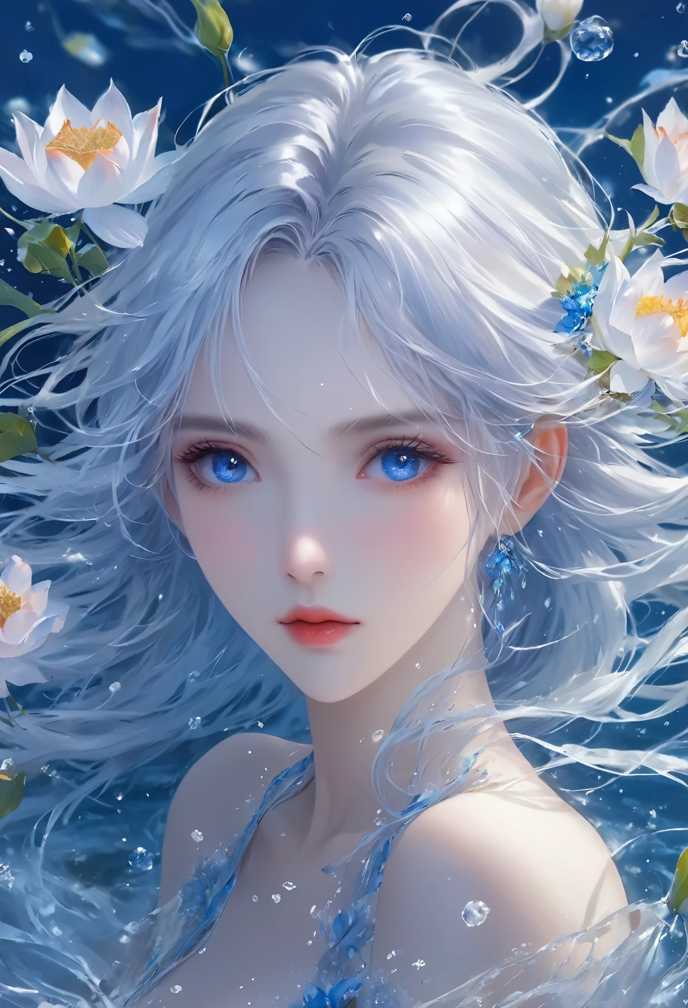 Seven part photos, masterpiece, best quality, Official Art, Extremely detailed CG 8k wallpaper,(Flying petals)(Detailed ice) , water晶质感皮肤, Cold expression, White hair, Long hair, Messy hair, blue eyes, Looking at the audience, Extremely refined, water, ((Beautiful and delicate eyes)), Very detailed, light,((Pretty Face), (Original figure painting), Very detailedSeven part photos, masterpiece, best quality, Official Art, Extremely detailed CG 8k wallpaper,(Flying petals)(Detailed ice) , water晶质感皮肤, Cold expression, White hair, Long hair, Messy hair, blue eyes, Looking at the audience, Extremely refined,, ((Beautiful and delicate eyes)), Very detailed, light,((Pretty Face),(Original figure painting), Very detailed, Very detailed, (Extremely refined), Beautiful and delicate eyes,