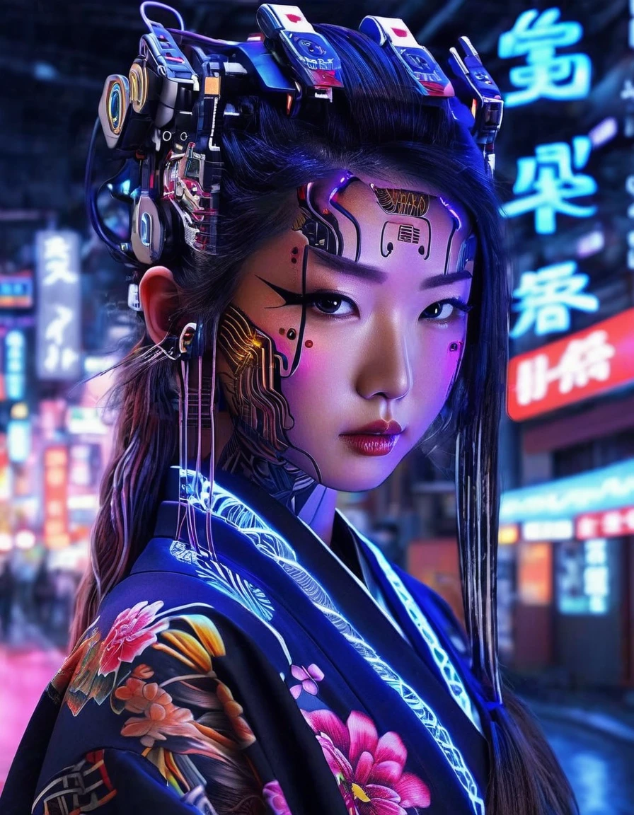 High technology, futuristic, cyborg girl, (photorealistic:1.4), long hair made of cables, robotic, lots of computer cables in the bacground, ultra high res, uhd, 8k, neon lights, japanese culture, kimono, jspanese demon

asianbeauty、8k、4K、real、Realism、reality、Ultra HD、Asian、beautiful girl、High Quality、Highvision、Hyperdetail、Tattoos on the face、Japanese Tattoo、Japanesetattoo