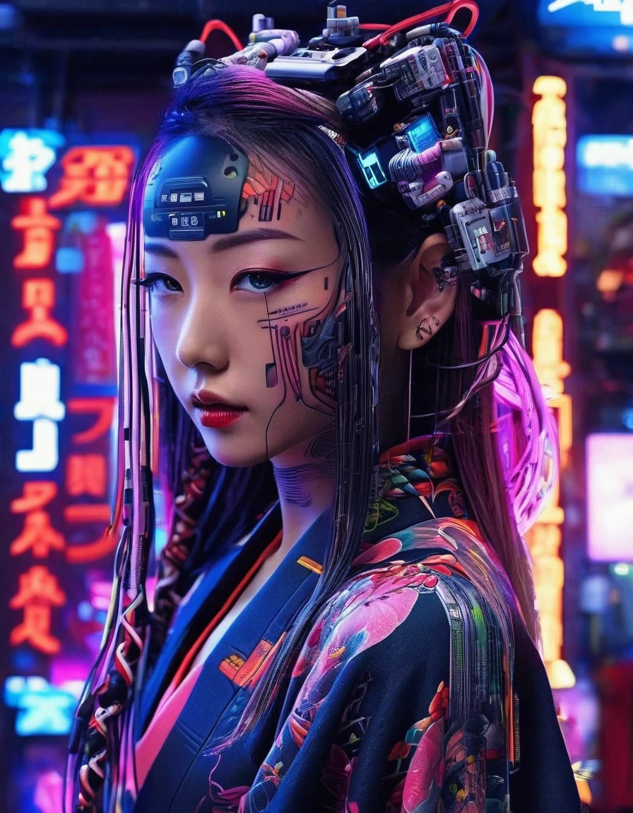 High technology, futuristic, cyborg girl, (photorealistic:1.4), long hair made of cables, robotic, lots of computer cables in the bacground, ultra high res, uhd, 8k, neon lights, japanese culture, kimono, jspanese demon

asianbeauty、8k、4K、real、Realism、reality、Ultra HD、Asian、beautiful girl、High Quality、Highvision、Hyperdetail、Tattoos on the face、Japanese Tattoo、Japanesetattoo