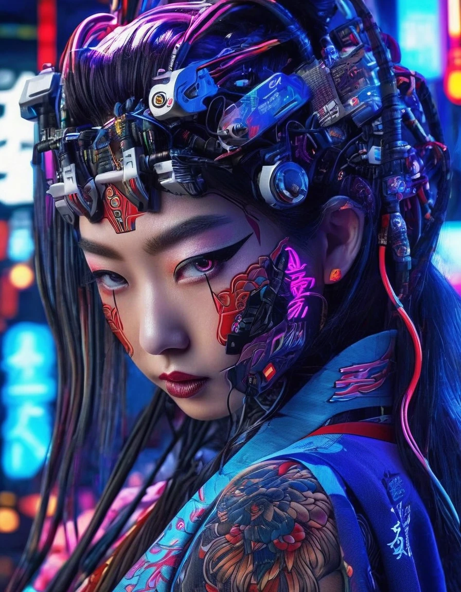 High technology, futuristic, cyborg girl, (photorealistic:1.4), long hair made of cables, robotic, lots of computer cables in the bacground, ultra high res, uhd, 8k, neon lights, japanese culture, kimono, jspanese demon

asianbeauty、8k、4K、real、Realism、reality、Ultra HD、Asian、beautiful girl、High Quality、Highvision、Hyperdetail、Tattoos on the face、Japanese Tattoo、Japanesetattoo