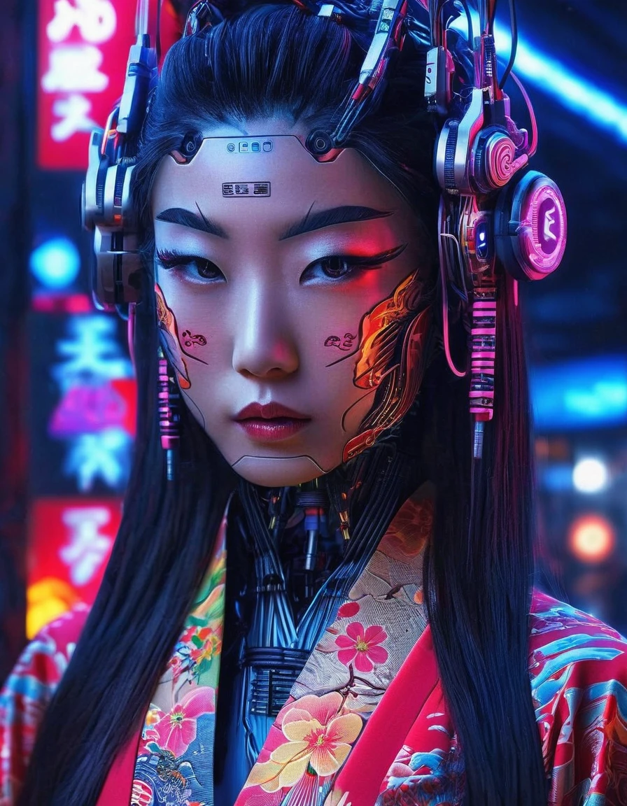 High technology, futuristic, cyborg girl, (photorealistic:1.4), long hair made of cables, robotic, lots of computer cables in the bacground, ultra high res, uhd, 8k, neon lights, japanese culture, kimono, jspanese demon

asianbeauty、8k、4K、real、Realism、reality、Ultra HD、Asian、beautiful girl、High Quality、Highvision、Hyperdetail、Tattoos on the face、Japanese Tattoo、Japanesetattoo