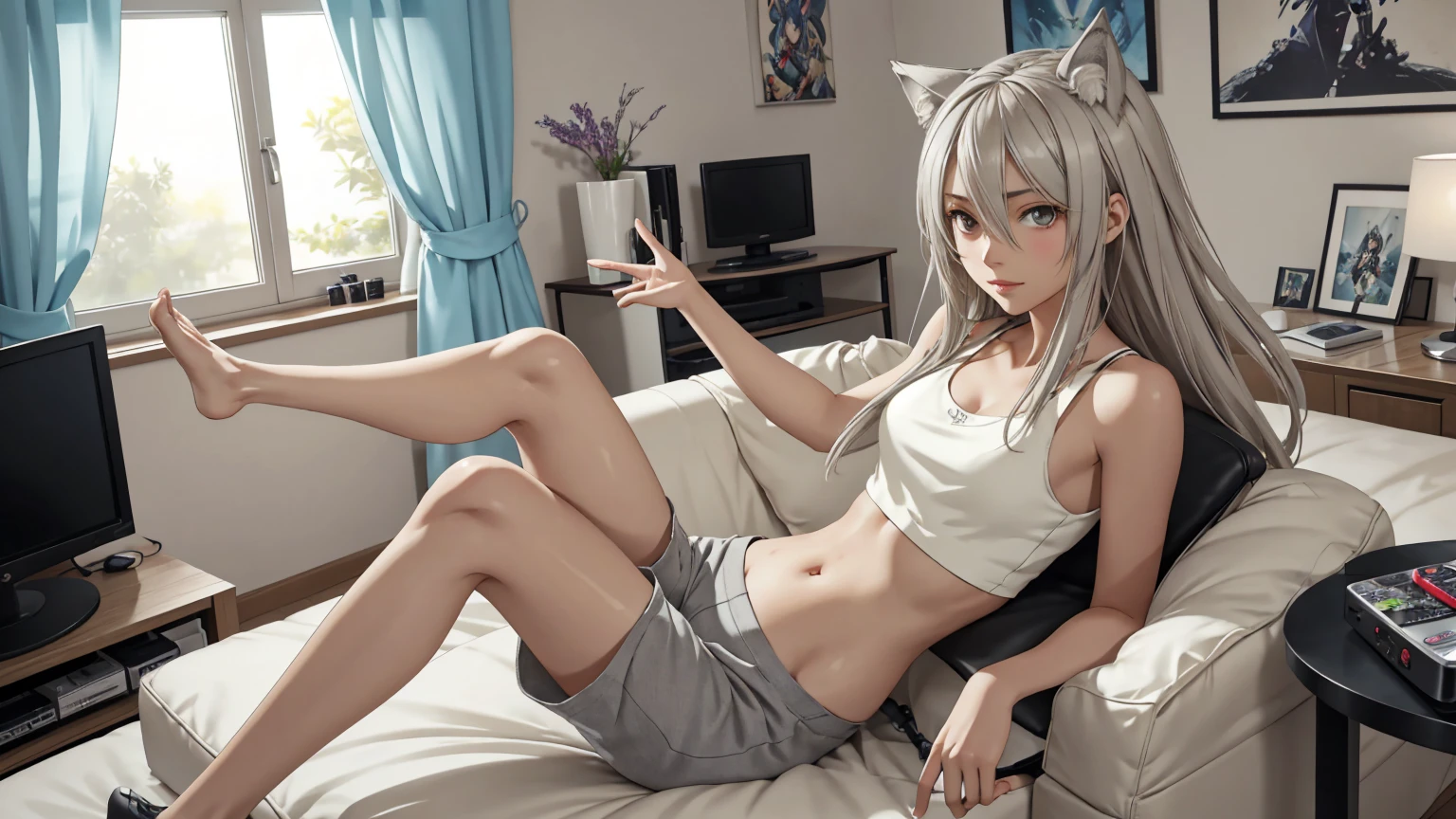 Create a top-quality image of a beautiful 18-year-old wolf girl. She has long silverish hair and blue eyes, wearing a see-through tank top that barely covers her nipples, or alternatively, a crop top so short that the bottom of her breasts are exposed. She is also wearing short shorts or sleep shorts, highlighting her slender figure. The girl is sitting in a gaming chair in a dimly lit room with the window open, allowing a gentle breeze to flow in. She poses in a seductive manner, facing the camera. Her room is filled with nerdy items that show her love for video games and anime, including gaming equipment like a gaming PC, gaming desk, gaming chair, and gaming console, as well as anime posters and figurines. The image should exhibit high-quality visual artistry, with intricate details, capturing a cozy and alluring atmosphere.