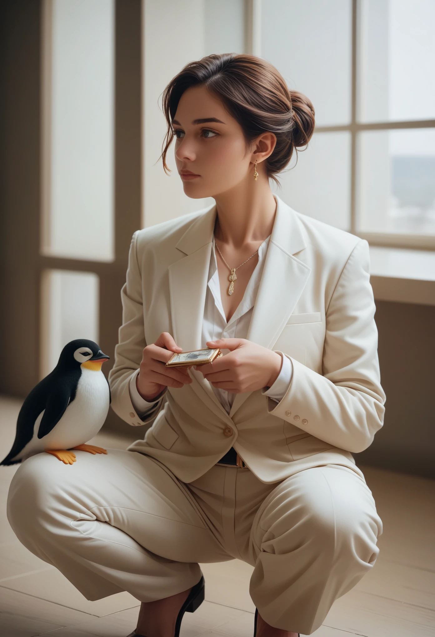 A hero wearing a white golden suit holding a necklace looking searching for the truth, ((masterpiece)),(((bestquality))),((ultra-detailed)),((illustration)),dynamicangle, 1girl,solo,full_bodoy,bella_penguin,medium_breast,squatting,,