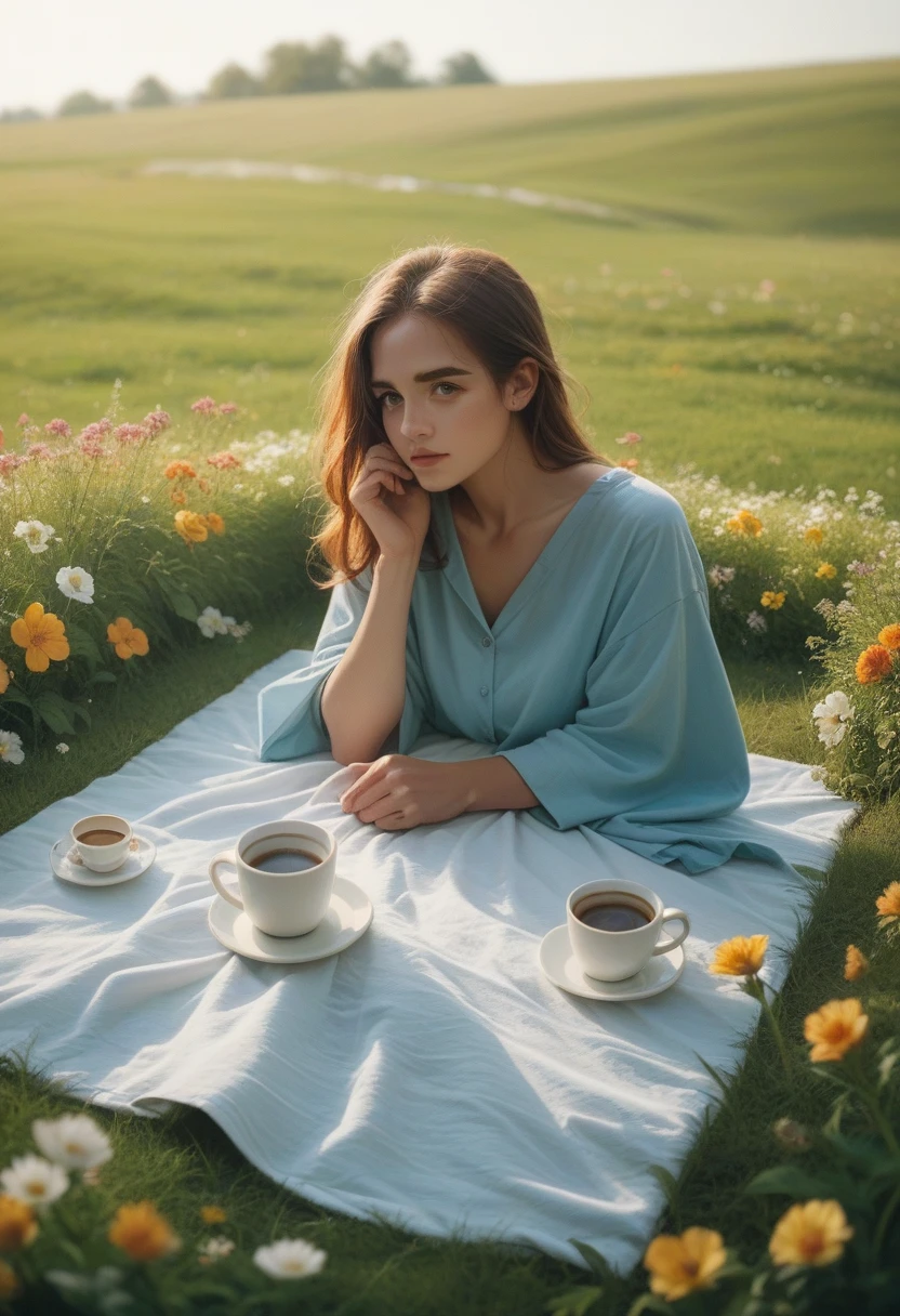 Breakfast on the grass. Tablecloth flowers cups of coffee brioche