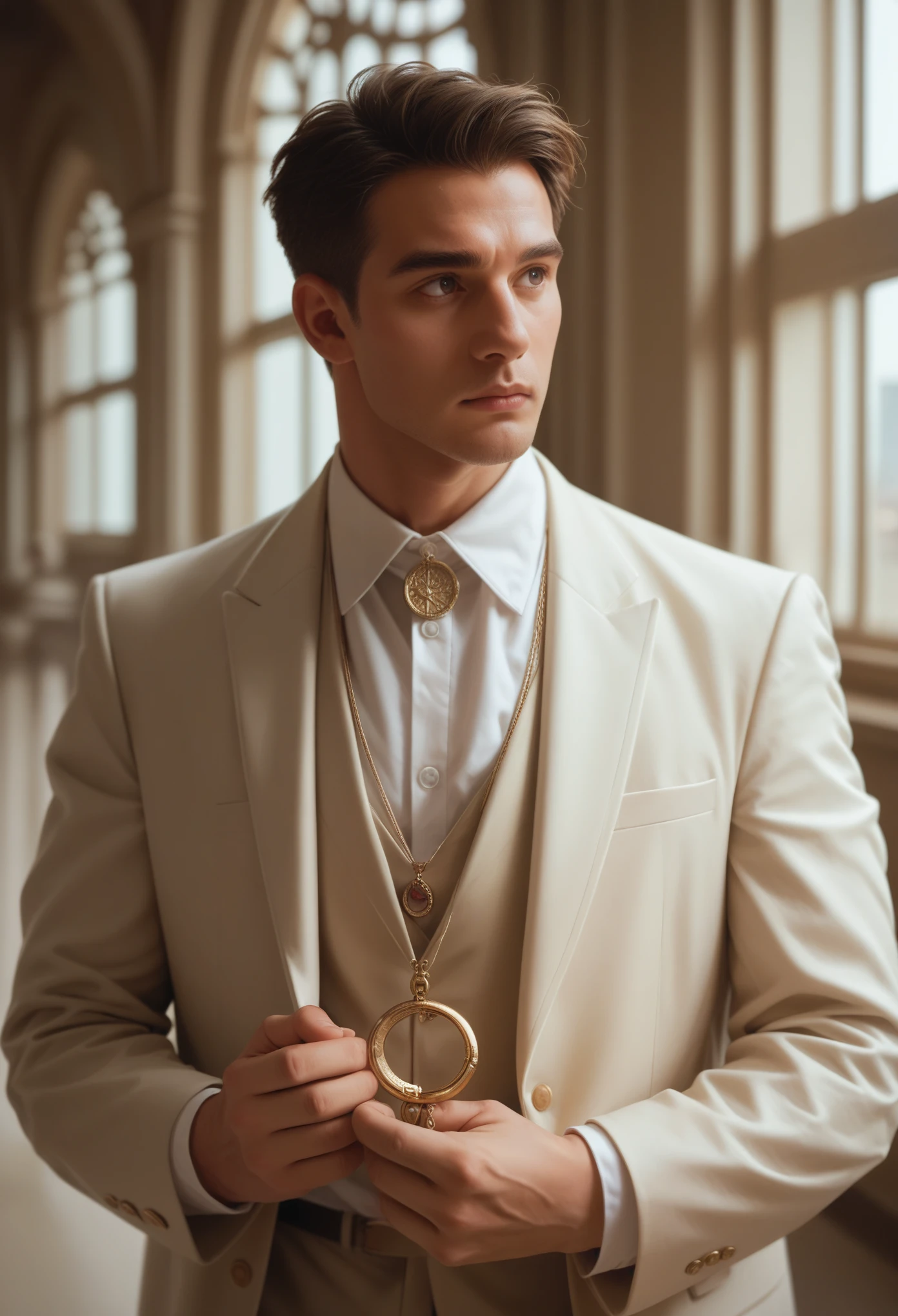 A hero wearing a white golden suit holding a necklace looking searching for the truth