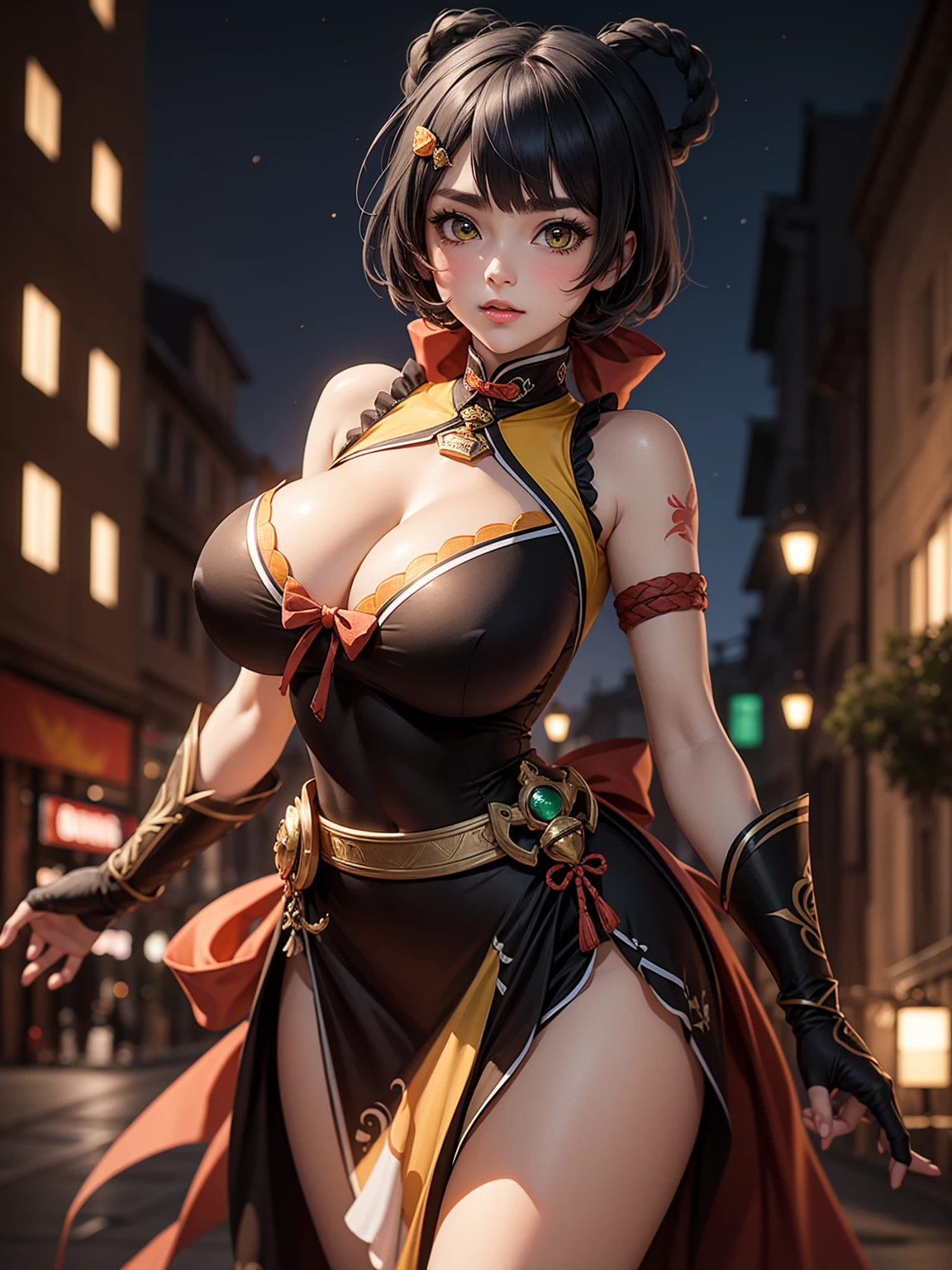 Masterpiece, high quality, blurry background, hd, 4k, night,xianglingdef, (gigantic breasts), outdoors, standing, blush, looking at viewer, dynamic poses, 