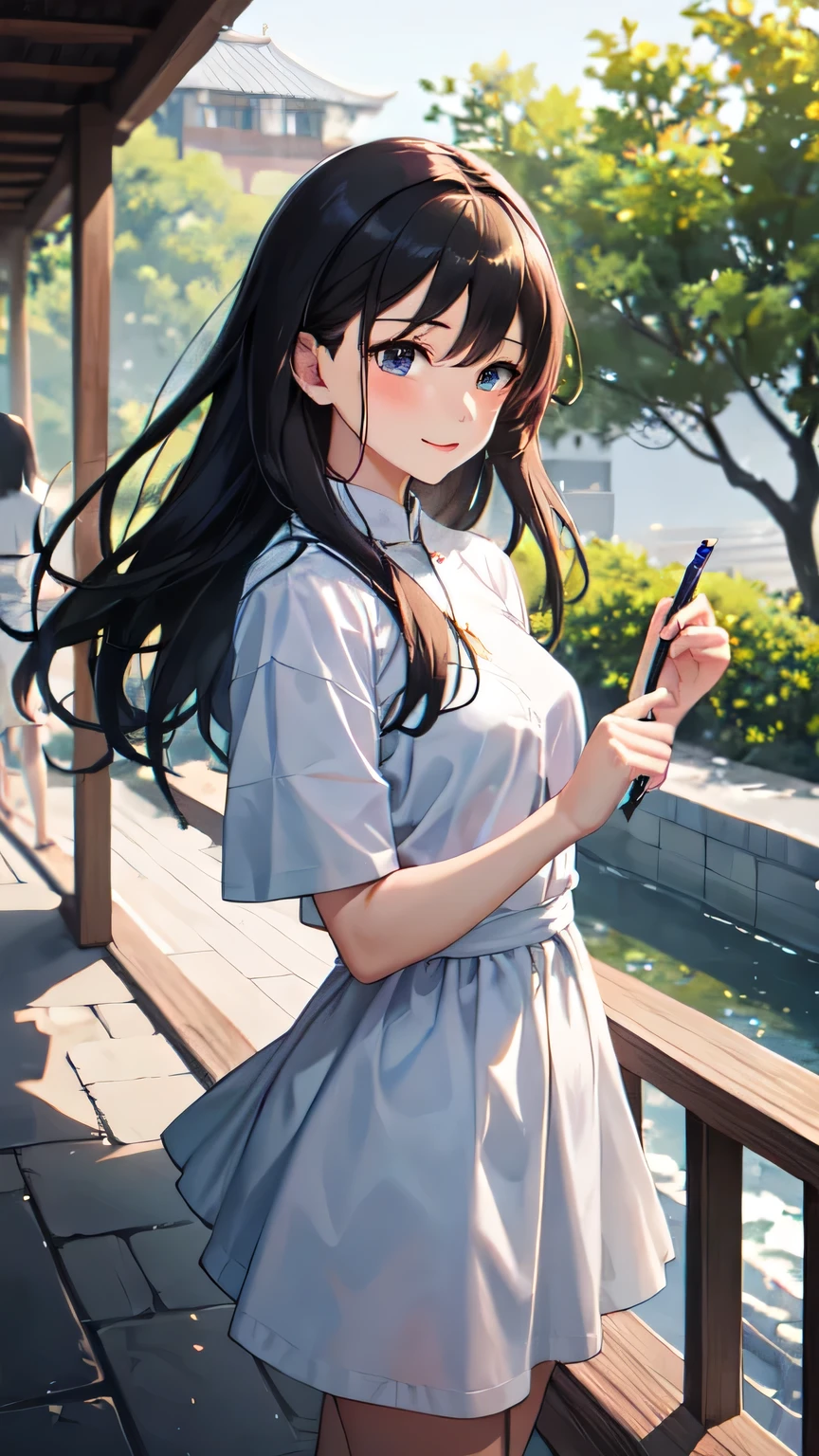 ((best quality)), ((masterpiece)), (detailed), 1girl, sexly,On the terrace, where the cool morning breeze blows pleasantly、A beautiful girl is standing。Her hair swayed in the wind、The soft light illuminates the silhouette.。Beautiful Girl手に持ったノートを見つめながら、Thinking about today&#39;s action plan。

The view from the terrace is lush greenery.、The blue sky stretches out in the distance。Birds singing and trees々The noise of、Blending into the quiet morning air。She takes a deep breath、I write down what I want to do today and my goals.。

sometimes、She holds the pen to her lips in thought.、I smile and add a new idea.。The pages sway with every breeze、Her resolve seems to grow stronger.。

Beautiful Girl、I&#39;m sure today will be a wonderful day、Enjoying a moment on the terrace。