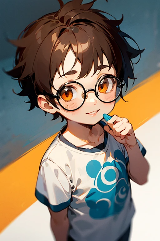 A short with slightly messy, spiky dark brown hair, orange eyes, and a pair of round glasses., a smile on his lips with extremely cute but casual clothes