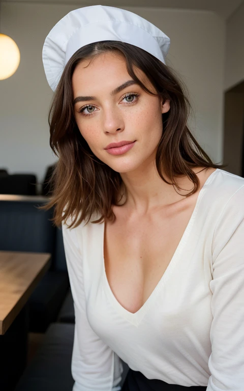 Belle brune portant un pull beige (dans un café moderne au coucher du soleil), très détaillée, 21 ans, visage innocent, cheveux lisses naturels, yeux bleus, freckles, résolution élevée, Chef-d'œuvre, meilleur qualité, détails complexes, très détaillé, mise au point nette, peau détaillée, Texture de peau réaliste, texture, Yeux détaillés, professionnel, 4k, Sourire charmant, filmé en Canon, 85 millimètres, faible profondeur de champ, Couleur Kodak Vision, corps parfaitement ajusté, extrêmement détaillée, photographier_\(ultra\), photoréaliste, réaListe, Post-traitement, Un maximum de détails, rugosité, vie réelle, ultra réaliste, photoréalisme, photographie, 8k euh, photographie, épaule nue, très-petit décolleté, sans sous-vêtement, Sexy, flirte avec la caméra, regarde sexy, regard directement la camera, visage dégagée, ne porte pas de sous vetements, téton visible sous tshirt,