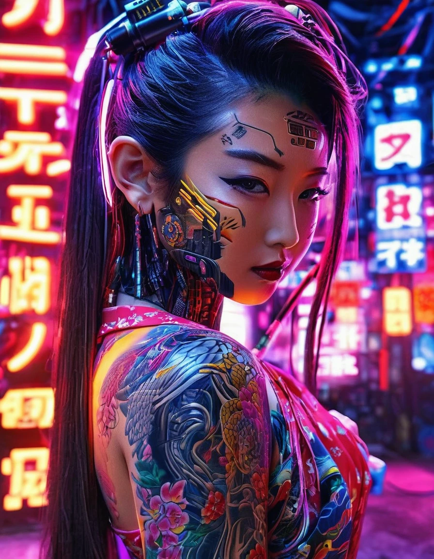 High technology, futuristic, cyborg girl, (photorealistic:1.4), long hair made of cables, robotic, lots of computer cables in the bacground, ultra high res, uhd, 8k, neon lights, japanese culture, kimono, jspanese demon

、asianbeauty、8k、4K、real、Realism、reality、Ultra HD、Asian、beautiful girl、High Quality、Highvision、Hyperdetail、Tattoos on the face、Japanese Tattoo、Japanesetattoo


、Full Body Shot