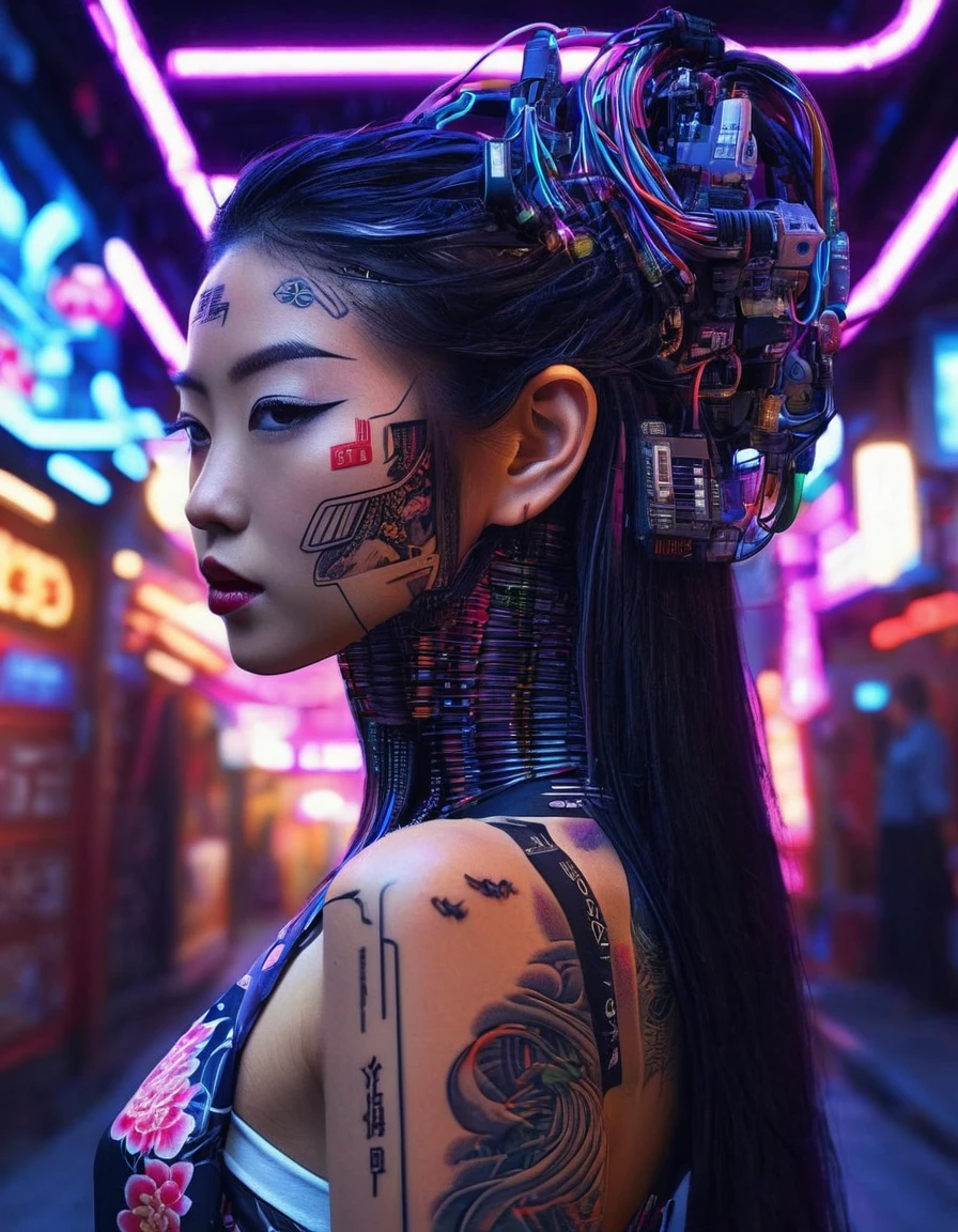 High technology, futuristic, cyborg girl, (photorealistic:1.4), long hair made of cables, robotic, lots of computer cables in the bacground, ultra high res, uhd, 8k, neon lights, japanese culture, kimono, jspanese demon

、asianbeauty、8k、4K、real、Realism、reality、Ultra HD、Asian、beautiful girl、High Quality、Highvision、Hyperdetail、Tattoos on the face、Japanese Tattoo、Japanesetattoo


、Full Body Shot