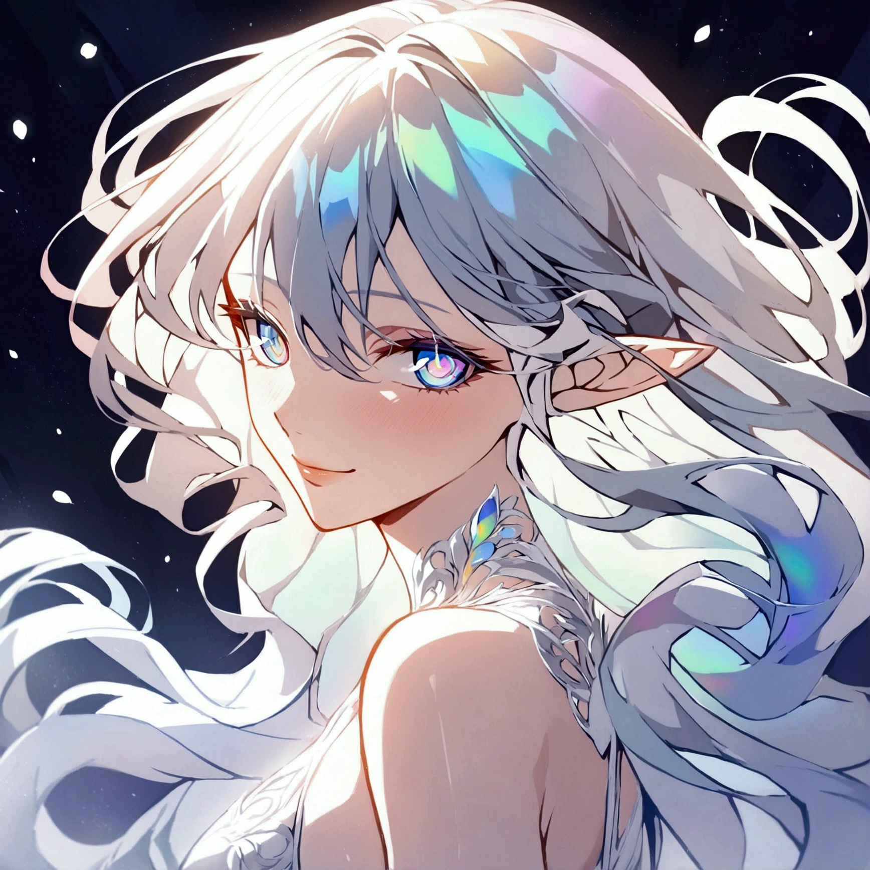 masterpiece, best quality, sharp focus, 8k, intricately detailed environment, anime, watercolor illustration, colorful, bright colors, whimsical, glowing lights, liquid otherworldly, fairy lights, beautiful elf girl in flowing liquid glowing dress, perfect face, blue eyes, white hair, medium breast, golden ratio, sparkling eyes, watercolor, liquid light, angel wings