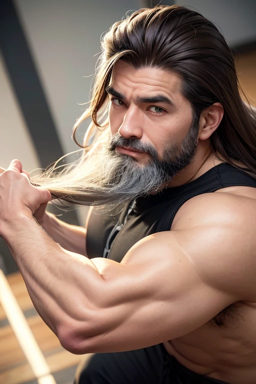 Athletic man with gray beard and long brown hair and divine Qi, primordial spiritual energy