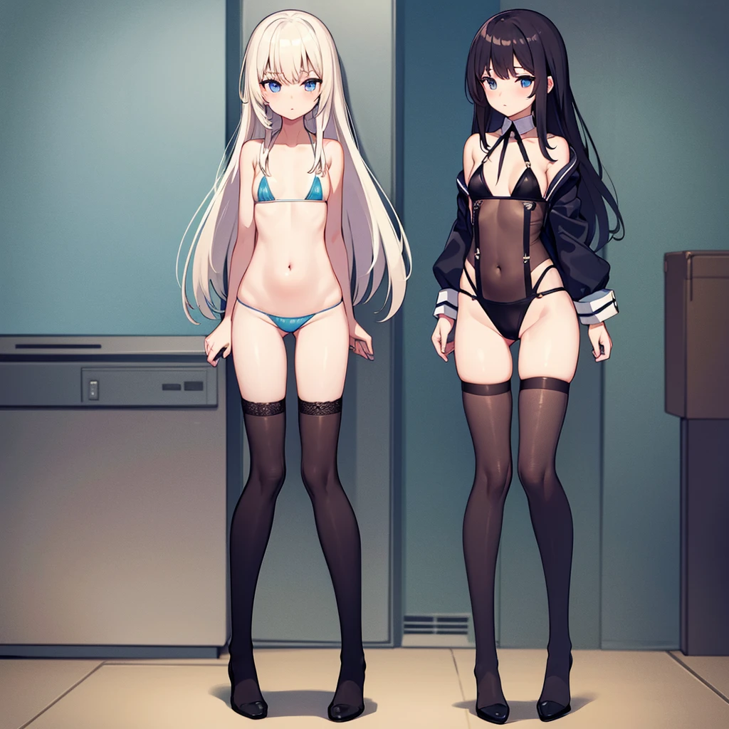 flat chest,stockings,mini bikini, full height, Thin legs, one girl, very high quality,