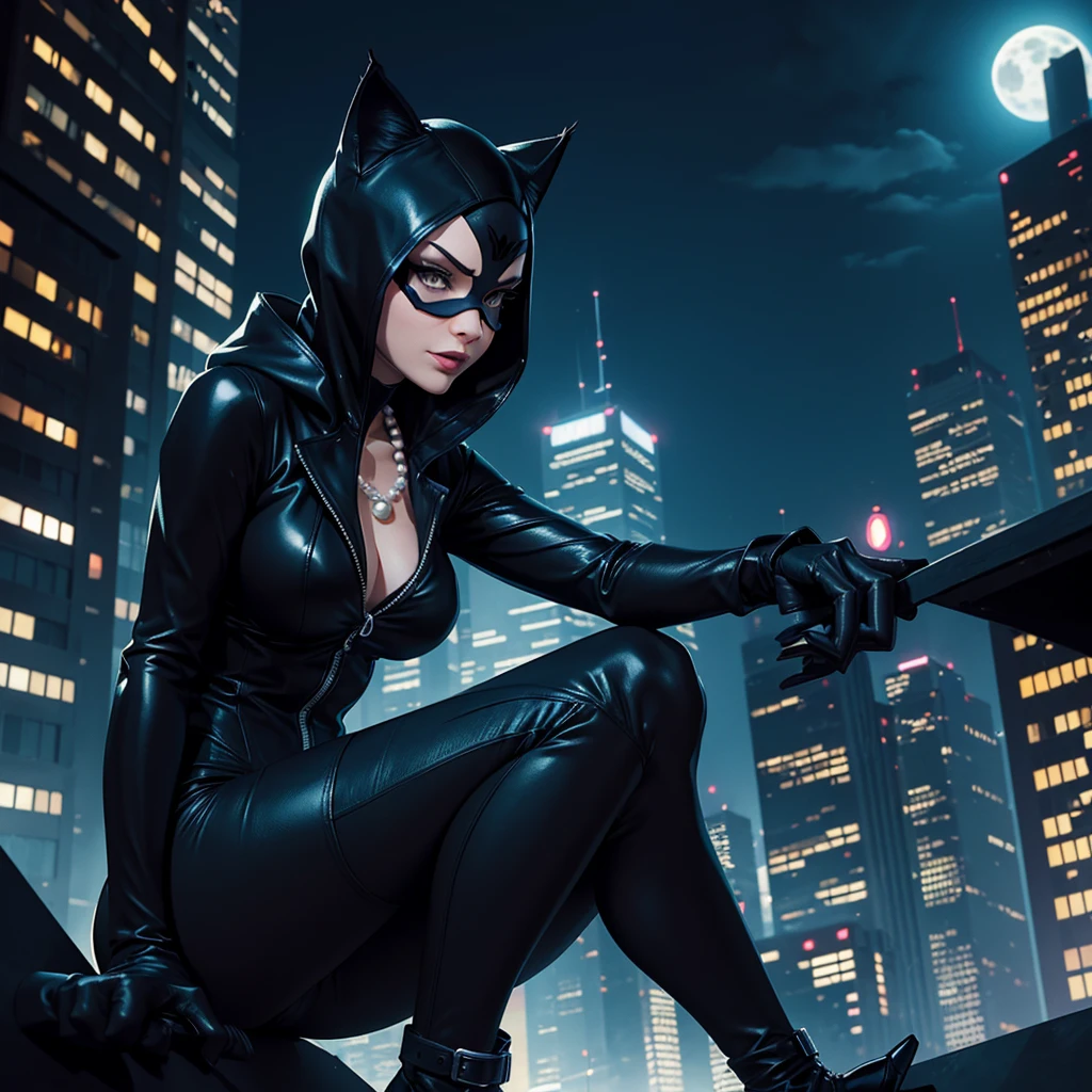 Create a comic book cover illustration featuring Catwoman in an urban night setting.
1. Catwoman should be wearing a tight black suit, complete with a hood with cat ears, a mask, gloves, and boots.
2. She is holding a pearl necklace, with a confident and mischievous expression on her face.
3. There is a black cat sitting next to her, emphasizing the feline theme.
4. The background includes a night sky with a full moon and silhouettes of skyscrapers, creating an urban atmosphere.
5. Use a comic book art style with bold shadows and vibrant colors, highlighting Catwoman against the night background.
