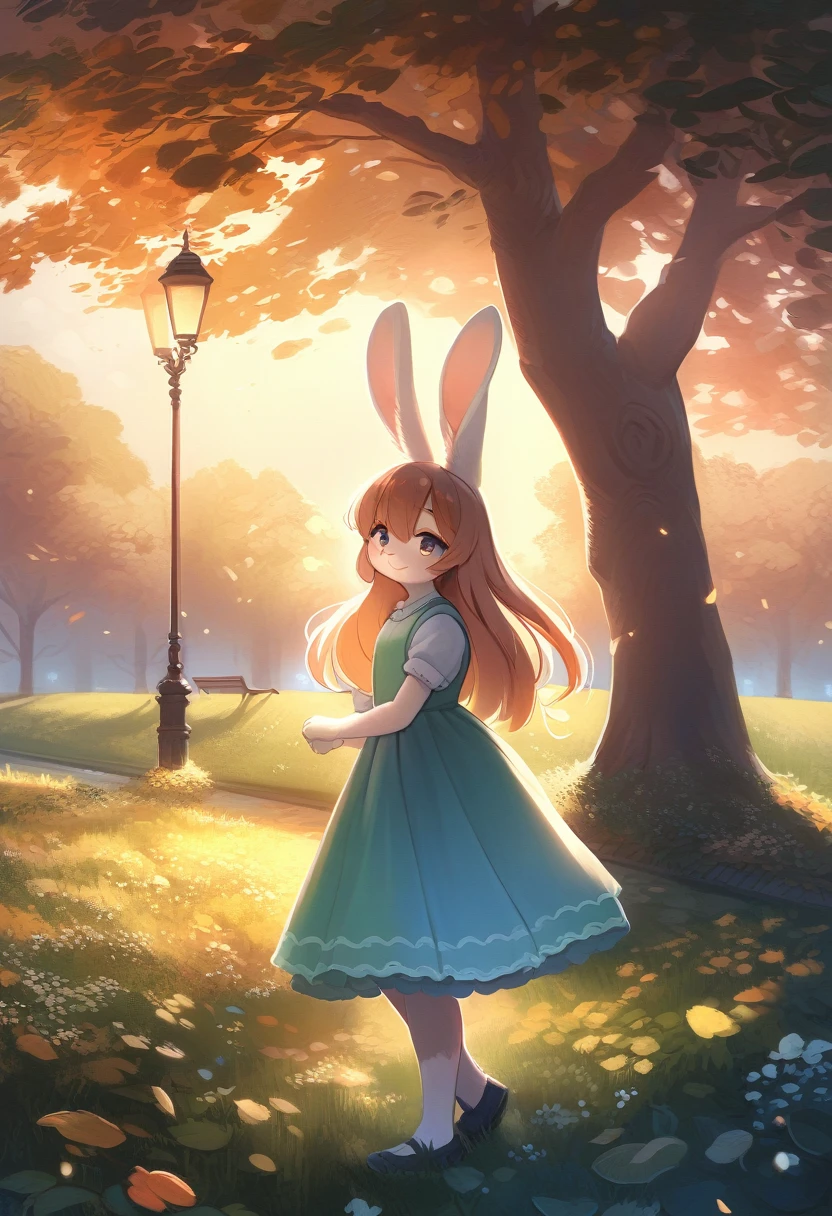((Masterpiece)), ((Best Quality)), (Very Detailed), ((Very Detailed)), 4K, (8K), very aesthetic, absurdres highres, 1 girl, (anthropomorphic Rabbit, furry, kemono:1.5), A digital painting of a low angle shot of a woman’s portrait during golden hour in a park. Emphasize the natural beauty, with trees and a meadow bathed in soft light. Use a strong contrast between warm colors (orange, red) and cool colors (green, blue). Add texture to the leaves using digital brushes. Use diagonal lines to guide the viewer’s eye through the composition. Emphasize the backlighting effect to create dramatic silhouettes. The woman’s hair and dress should be gently swaying in the wind, with a peaceful and romantic atmosphere. The park’s streetlights are just starting to turn on, adding a modern touch to the scene.