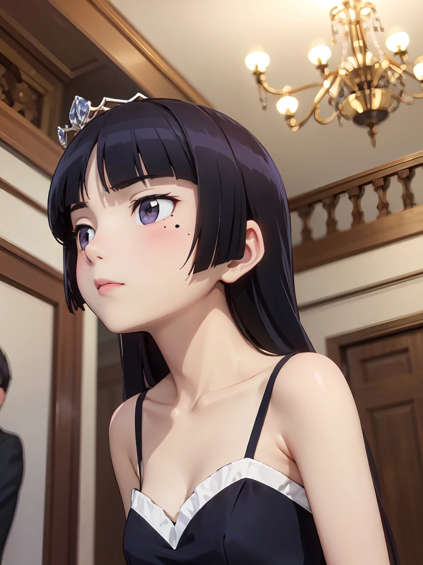 (Low angle shot), ((ruri gokou)), girl, alone, Hime cut, Black Hair, Mole under the eye, Long Hair,  Noble woman, Confident expression, Gorgeous dress, crown, Ballroom, chandelier, Royal purple, Light and shadow contrast