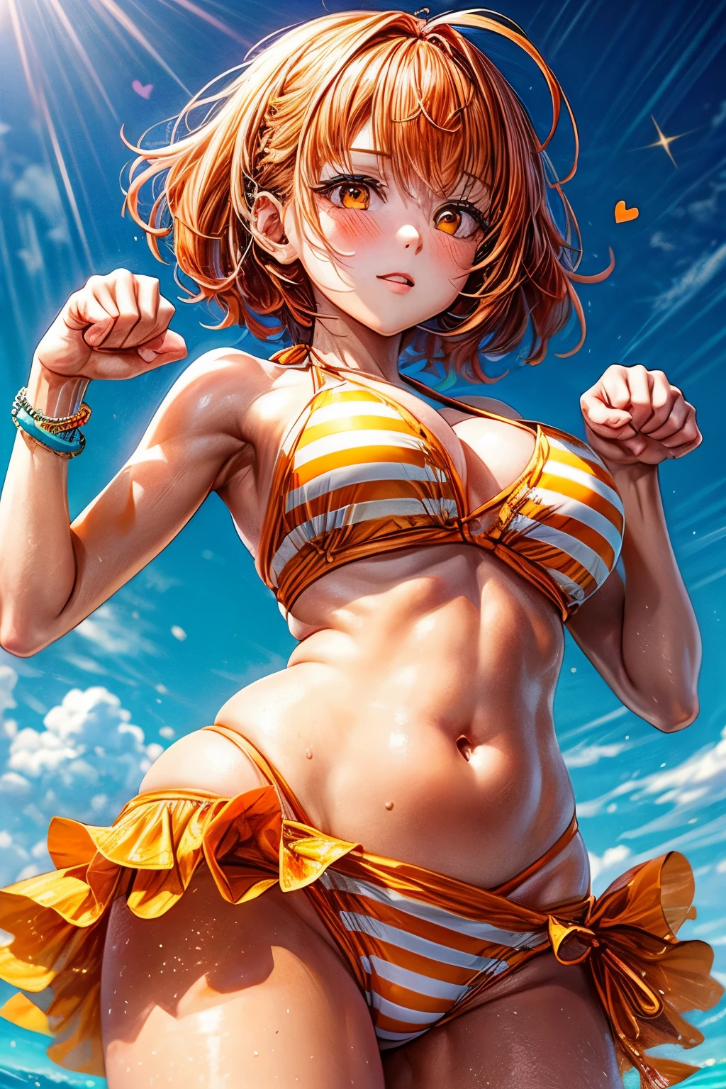 {worst quality, low quality}, ((girl photo)), solo, clear eyes and plump lips, beautiful orange eyes ):1.2), Spoken heart, (Perfect hands: 1.3), ((paw pose)), (short orange hair: 1.5), (orange and white striped bikini), arms behind head, cute pose, The background is a beautiful sandy beach, a clear blue sky, and dazzling sunlight, from below, dynamic angle, Must-Have, Best Quality, Super Detailed,