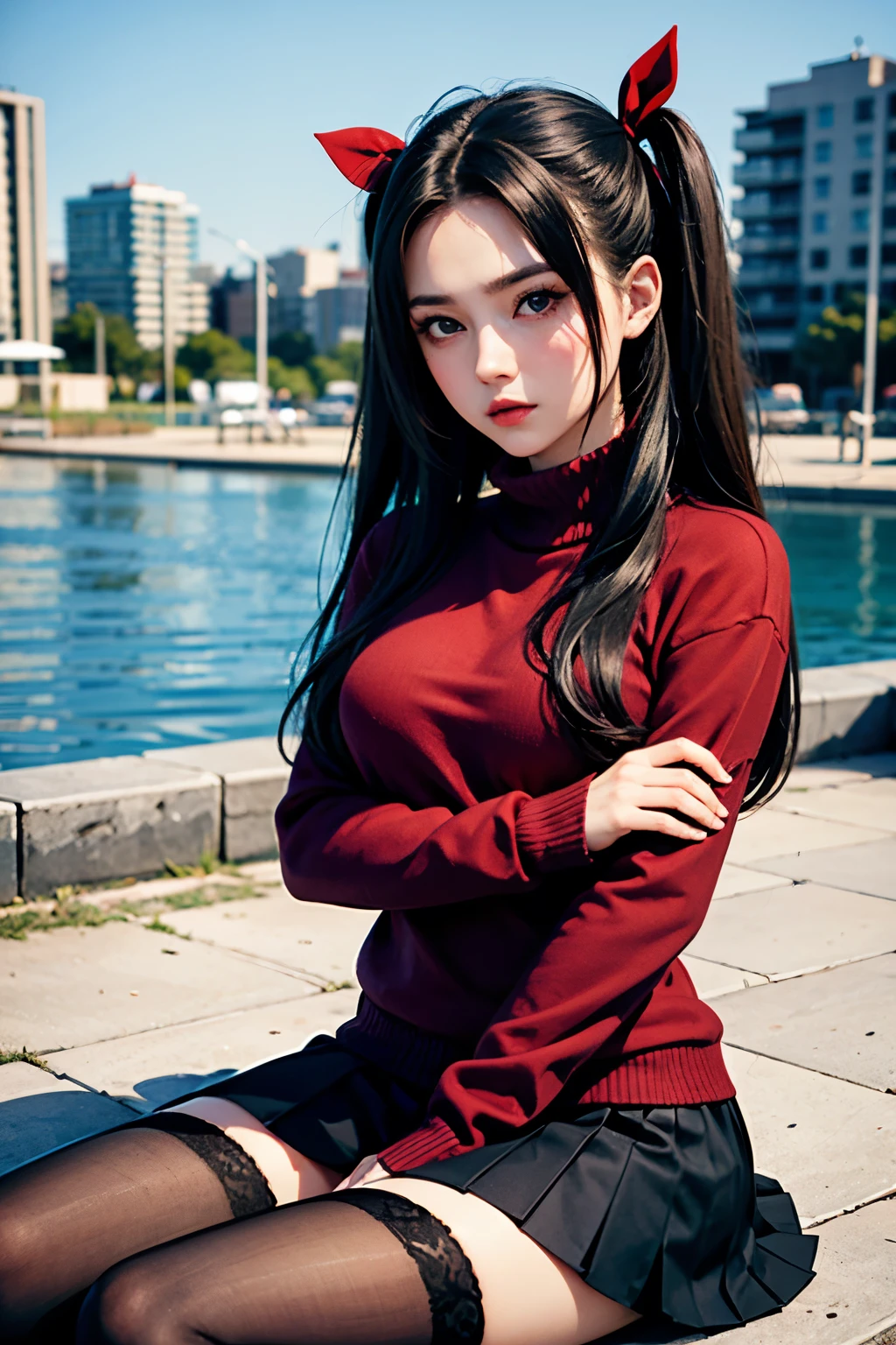 (masterpiece), best quality, expressive eyes, perfect face, 1girl, solo, rintohsaka, Mary R. as rin tohsaka, aqua eyes, black hair, hair ribbon, long hair, ribbon, sidelocks, two side up, black skirt, black thighhighs, long sleeves, miniskirt, pleated skirt, ((red sweater)), skirt, sweater, thighhighs, turtleneck, city background, sitting, character sheet, upper body, portrait, looking at viewer