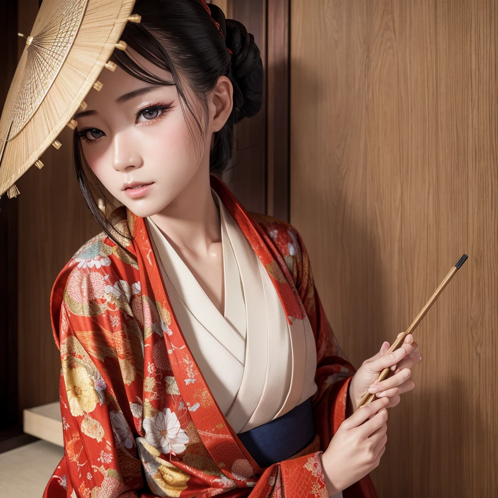 kimono, obi, (8k, RAW photo, best quality, masterpiece: 1.2), (realistic: 1.6), (masterpiece), (best quality: 1.0), (ultra hi-res: 1.0), detail, 40s, one, detail beautiful skin, detail room, ,realistic skin